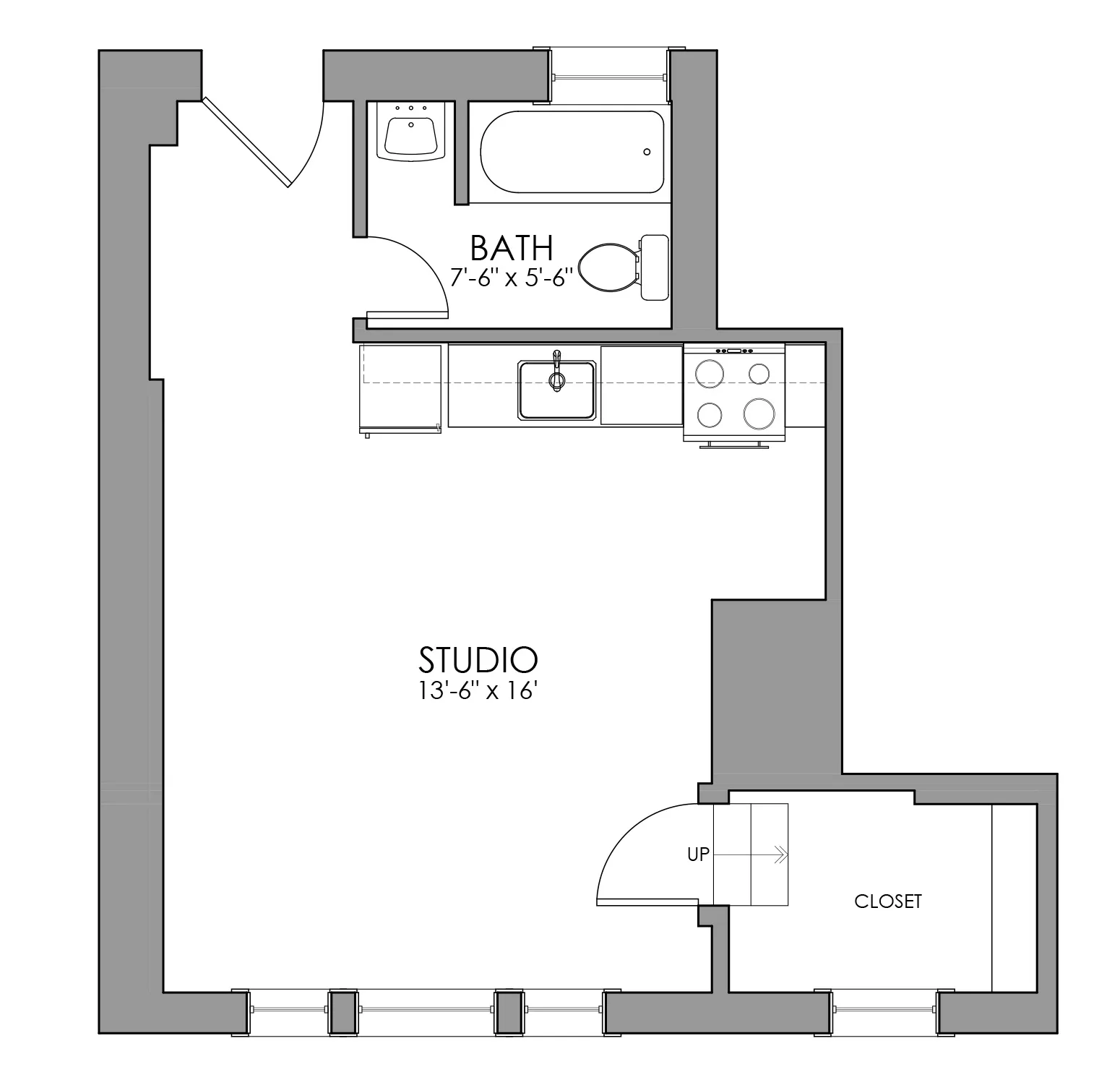 Contemporary studio floor plan featuring an open living area, modern kitchen, and cozy bath, complemented by ample closet space.