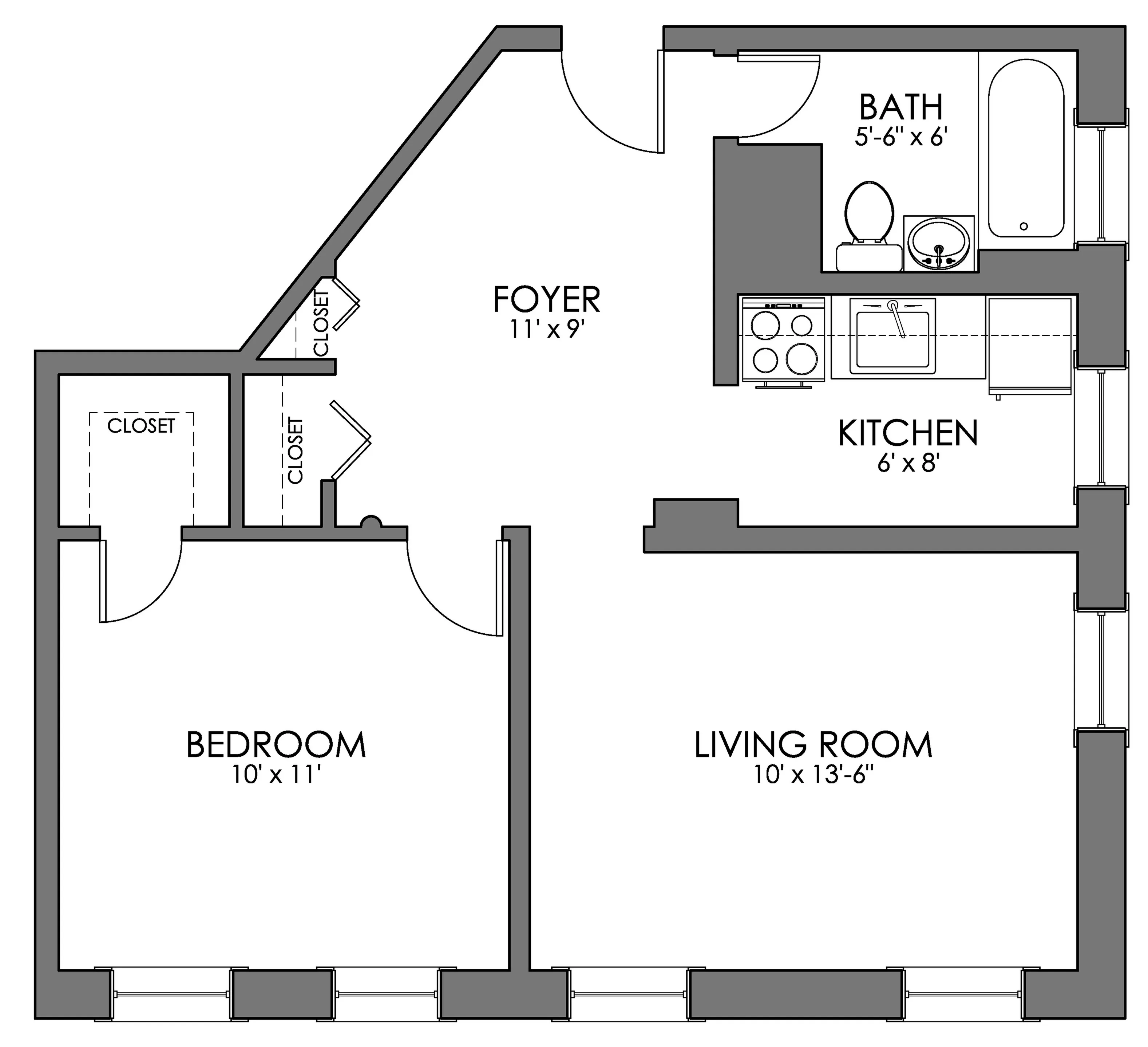 Charming floor plan featuring a cozy 1-bedroom with ample closets, a modern kitchen, and spacious living room.