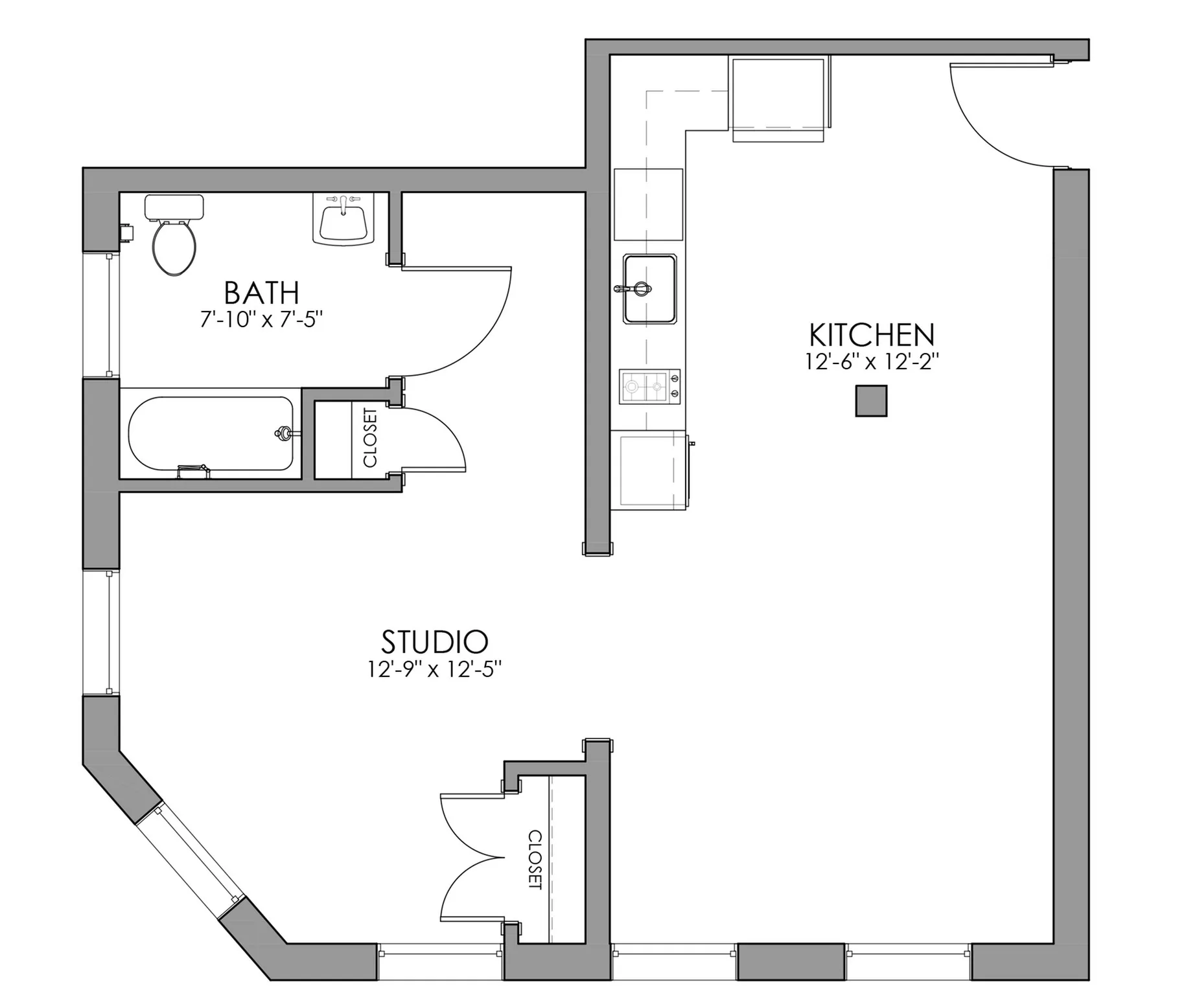Modern studio floor plan featuring a spacious kitchen and full bath, perfect for efficient living.