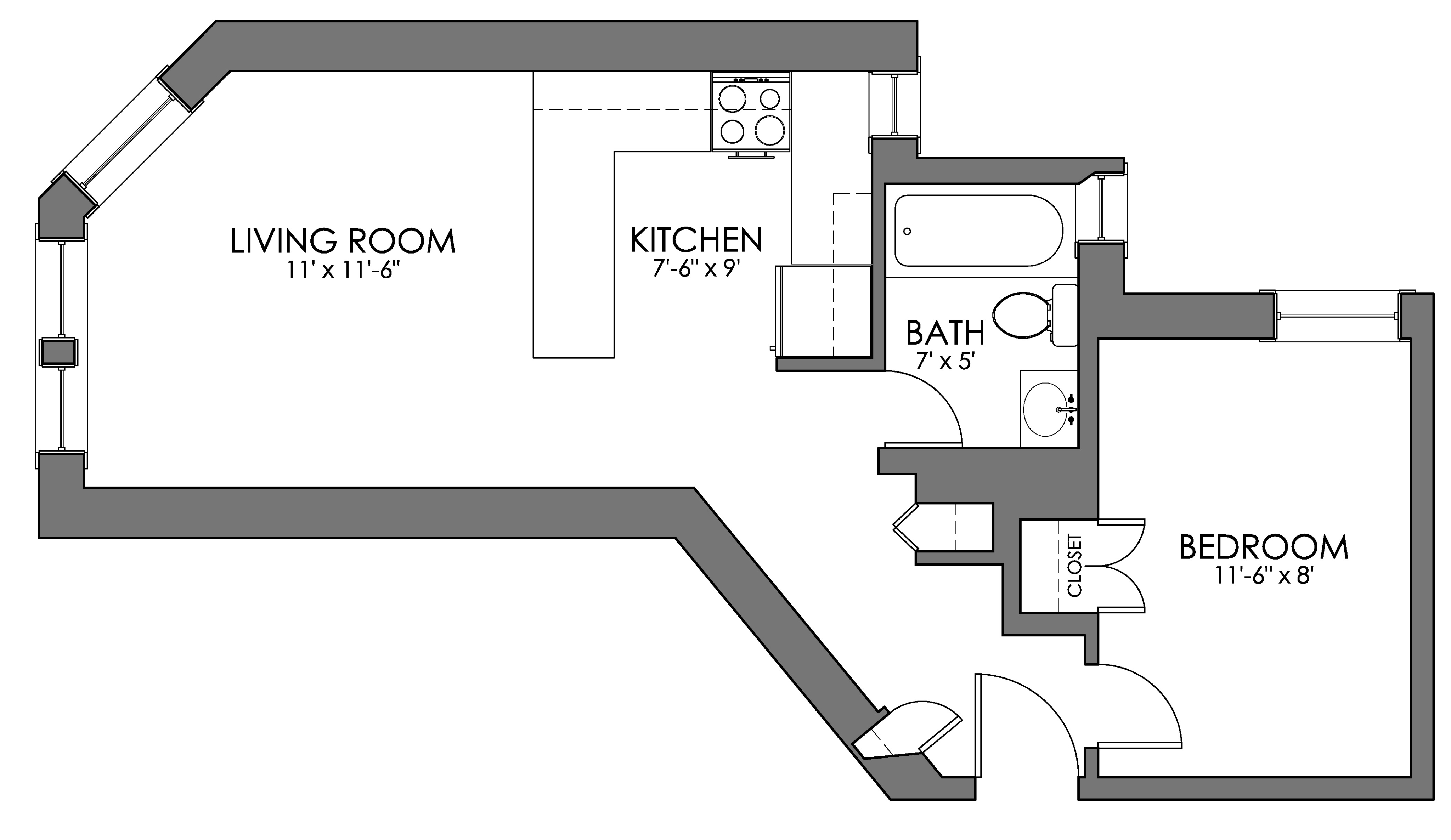 Charming floor plan featuring one-bedroom, open living room, efficient kitchen, and modern bath.