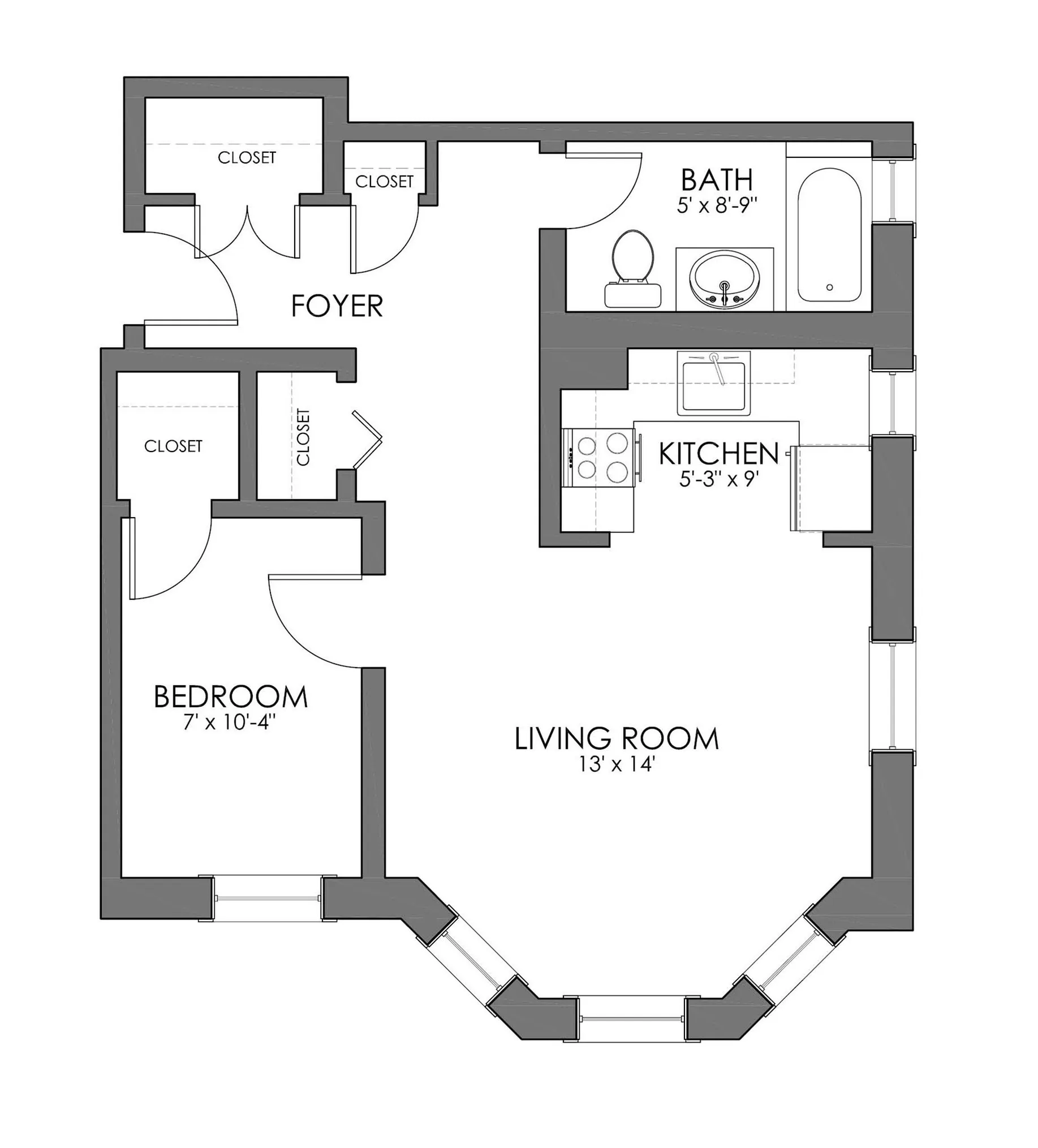 Charming floor plan featuring 1 bedroom, cozy kitchen, and spacious living room with natural light.