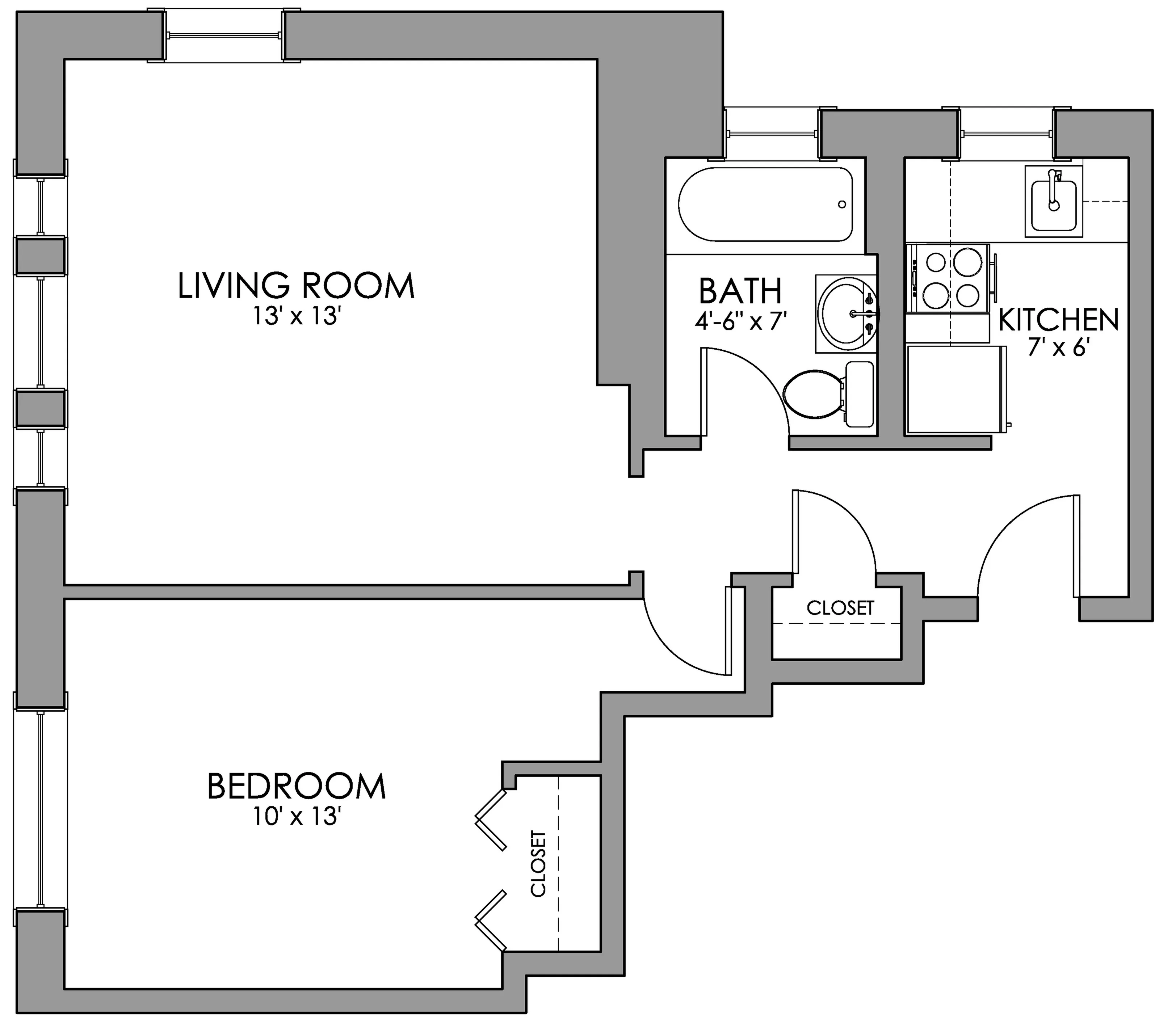 Charming floor plan showcasing a 1-bedroom apartment with a cozy living room, compact kitchen, and well-designed bathroom.