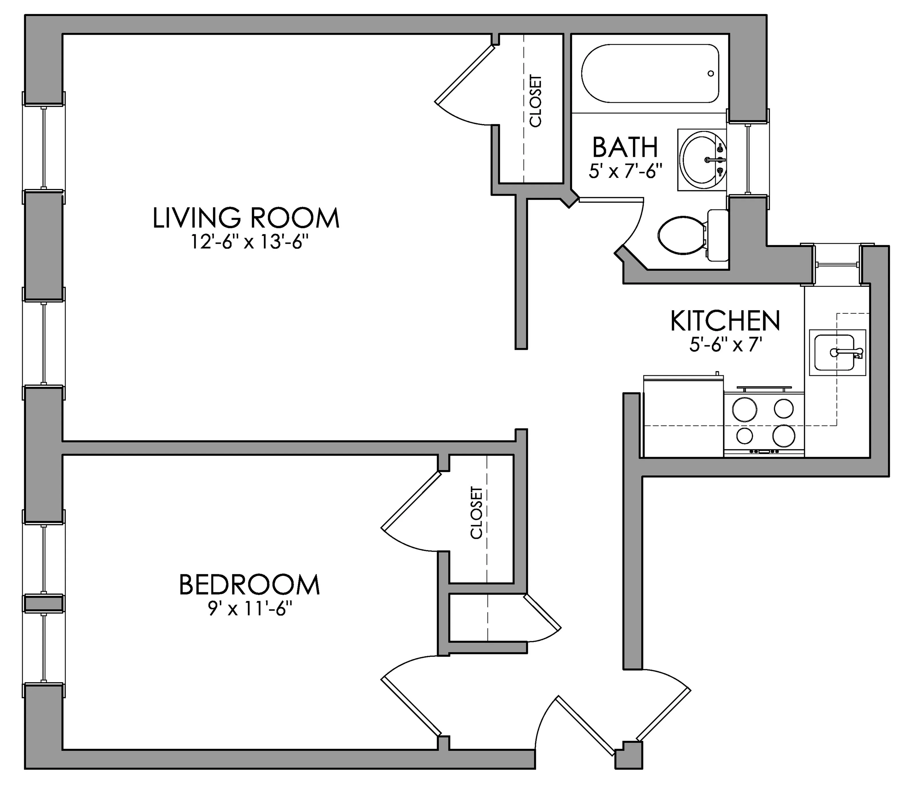 Inviting floor plan showcasing a spacious 1-bedroom apartment with a bright living room, efficient kitchen, and modern bath.