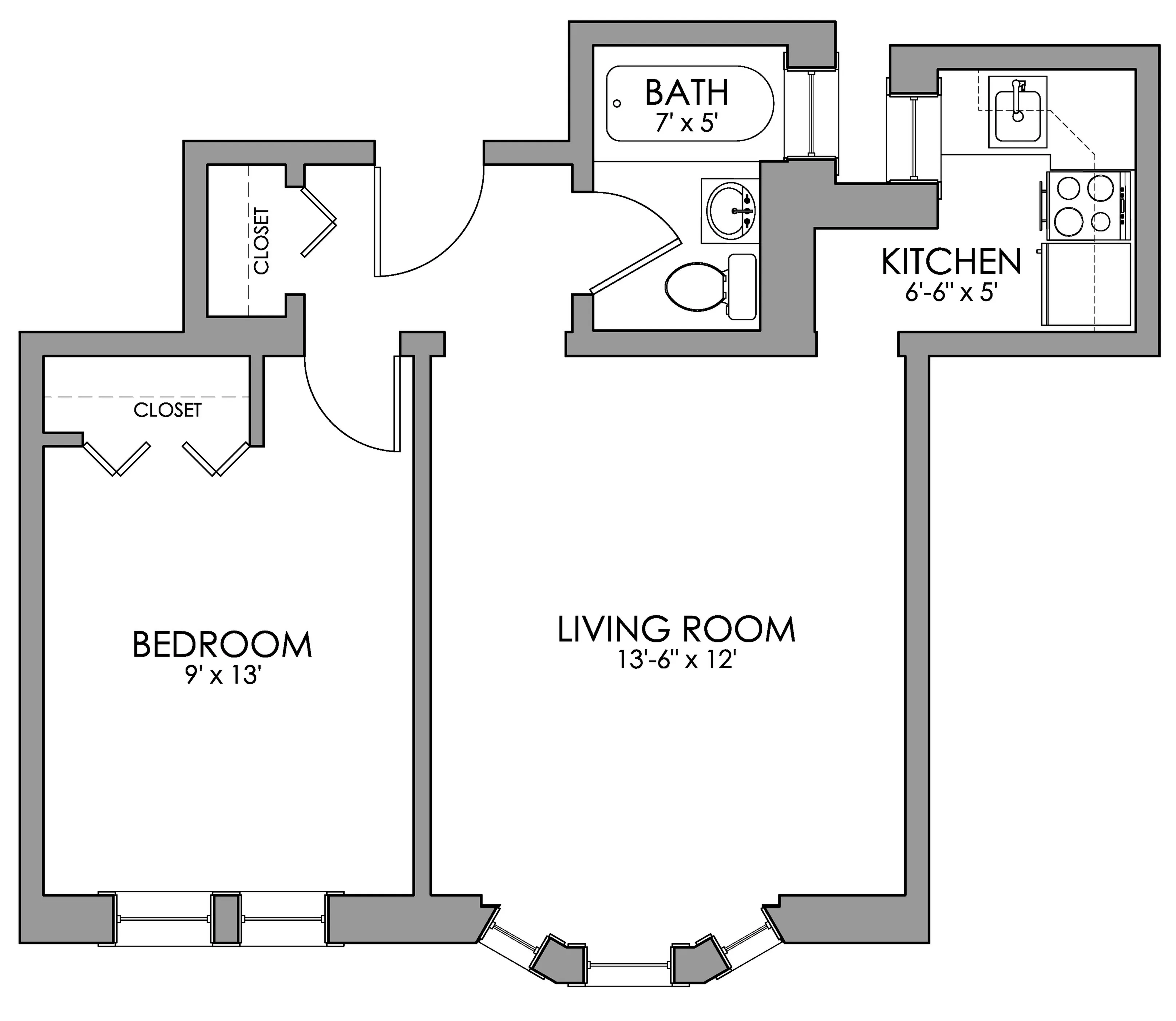 Charming floor plan featuring a cozy bedroom, spacious living room, compact kitchen, and well-designed bath.