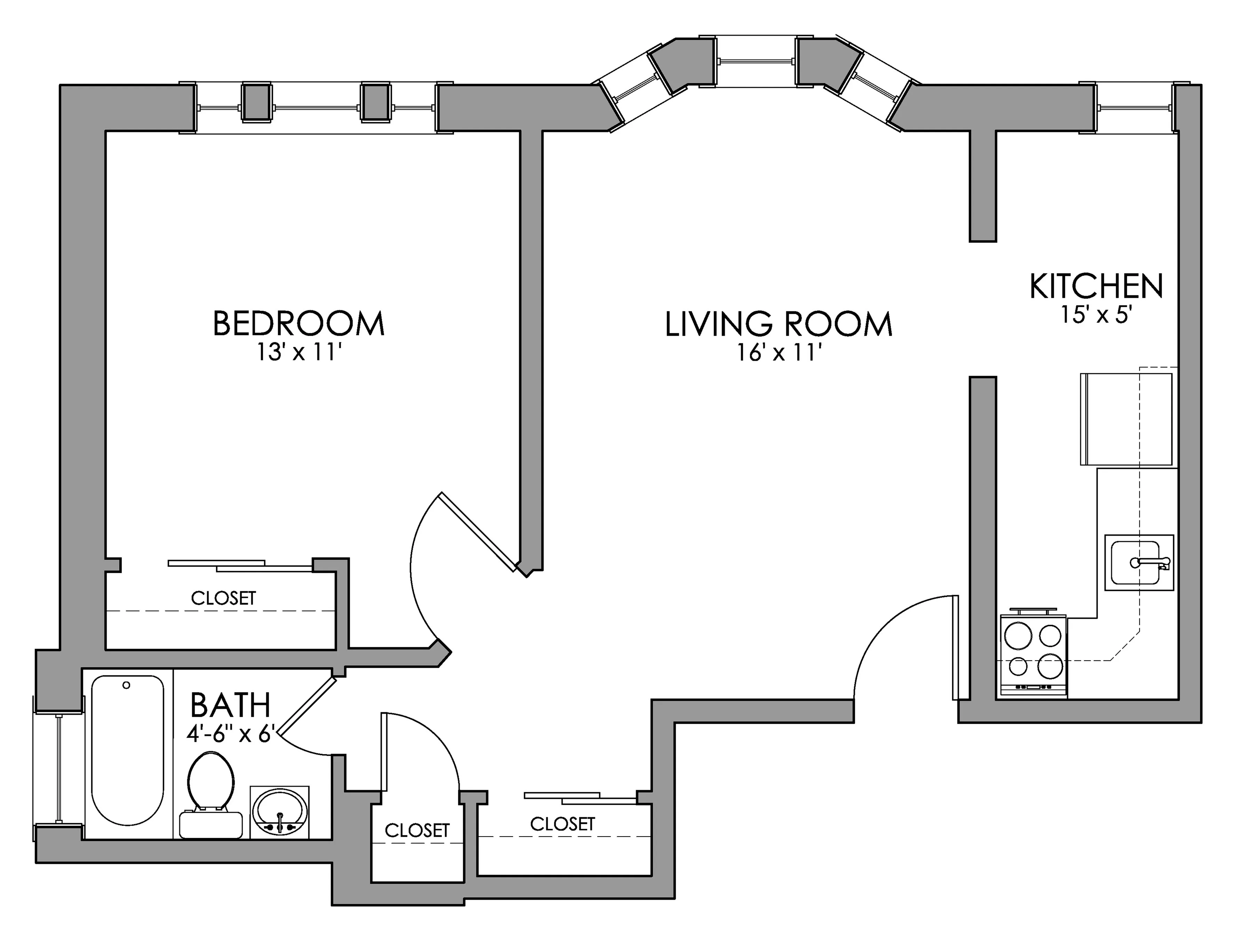 Efficient floor plan featuring a spacious bedroom, cozy living room, and a streamlined kitchen with modern amenities.