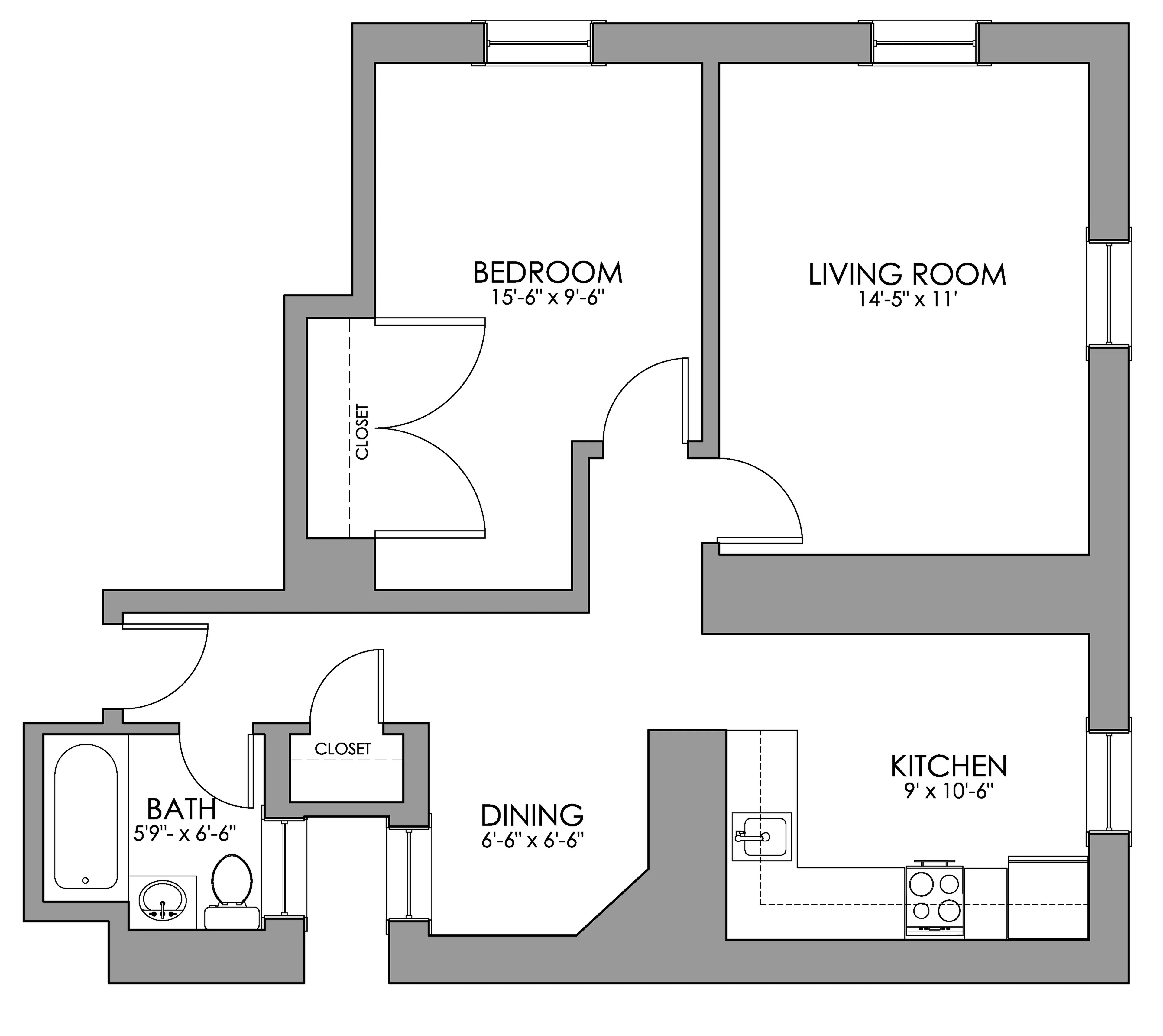 Chic floor plan featuring a spacious bedroom, inviting living room, cozy dining area, modern kitchen, and a well-designed bath. Perfect for comfortable living and entertaining.