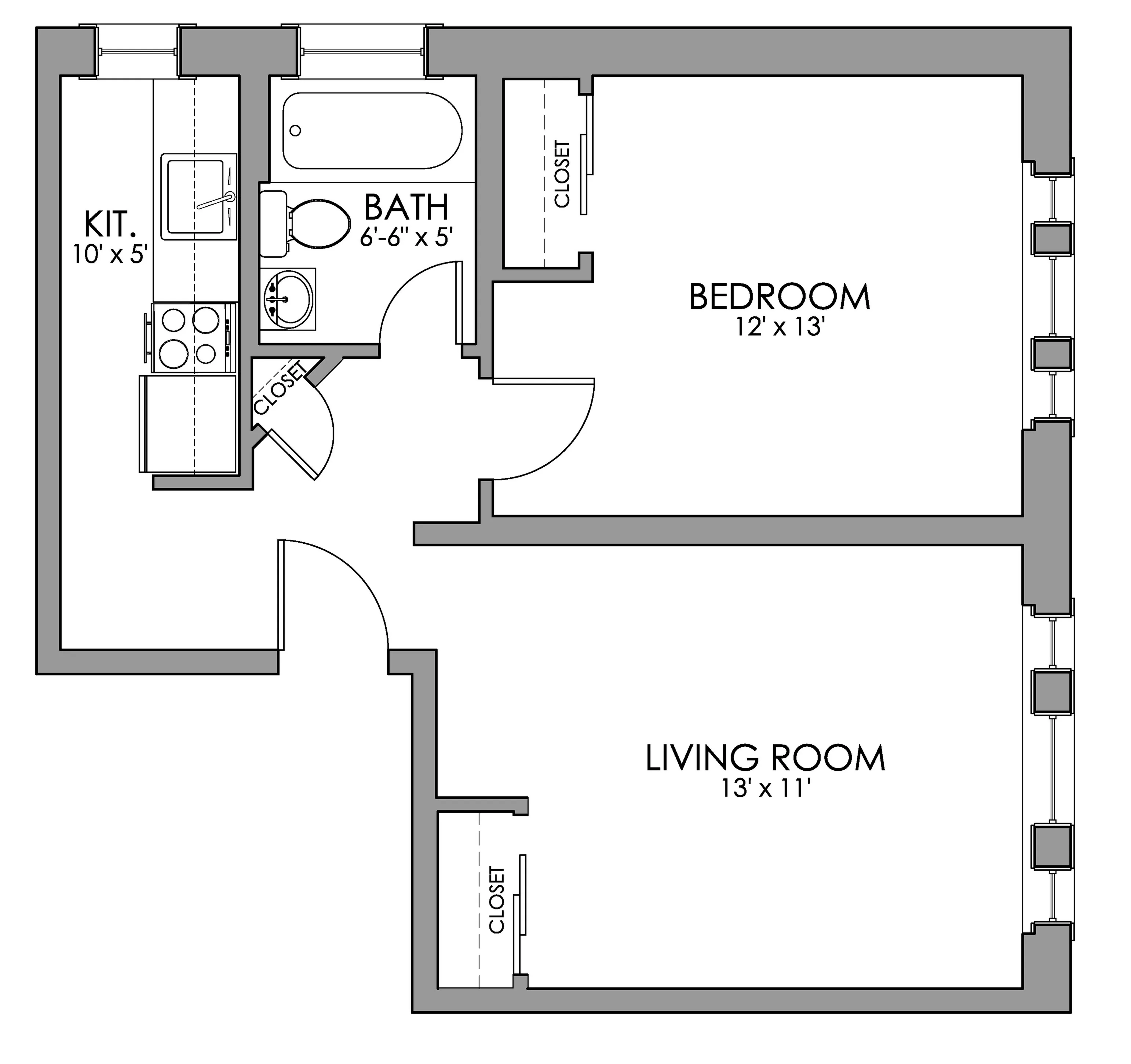 Chic floor plan with one bedroom, a spacious living room, compact kitchen, and modern bath.