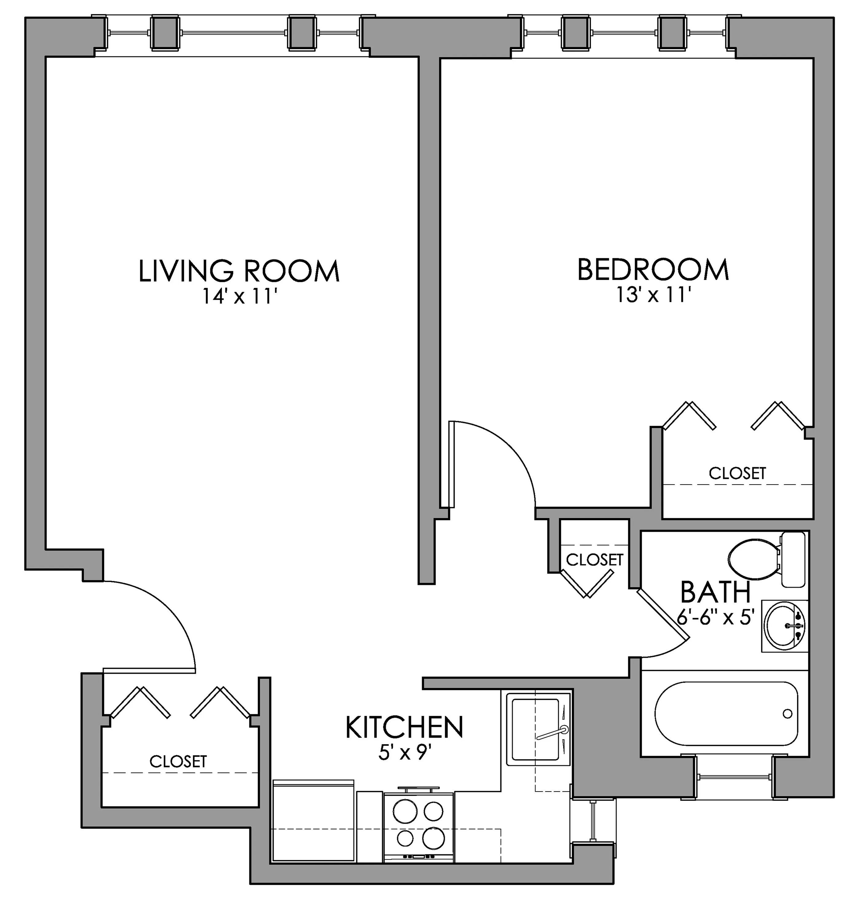 Modern floor plan with spacious living room, cozy bedroom, efficient kitchen, and convenient bathroom.