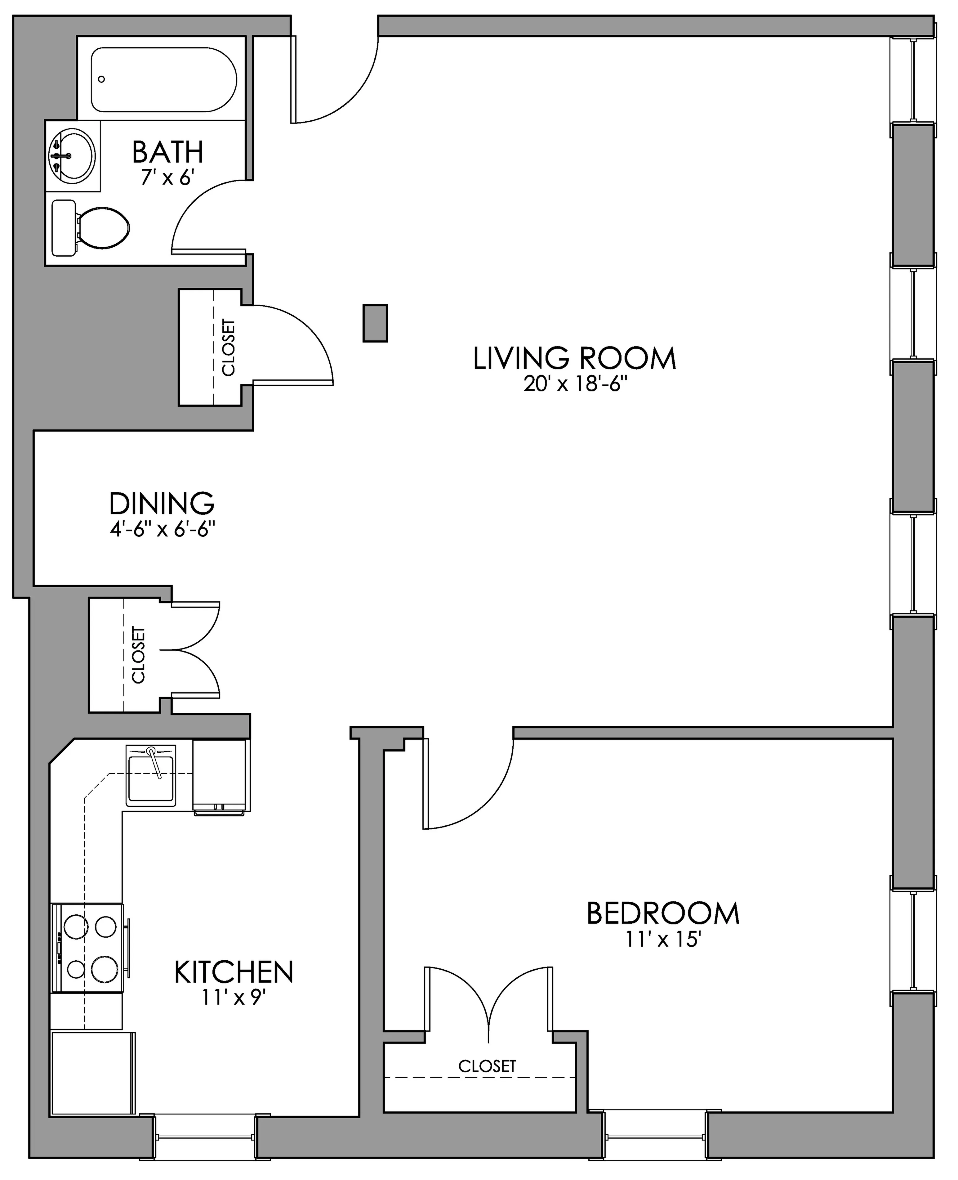 Elegant floor plan featuring a spacious living room, modern kitchen, cozy bedroom, and a well-appointed bath.