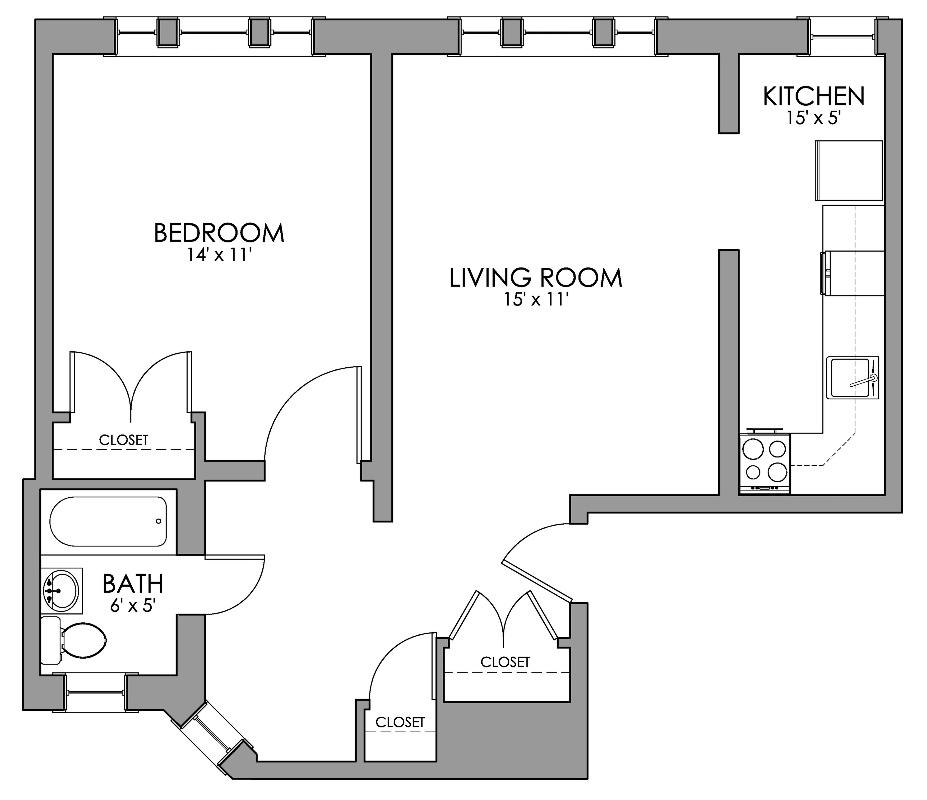 Contemporary 1-bedroom apartment floor plan featuring a spacious living room, efficient kitchen, cozy bath, and ample closet space.