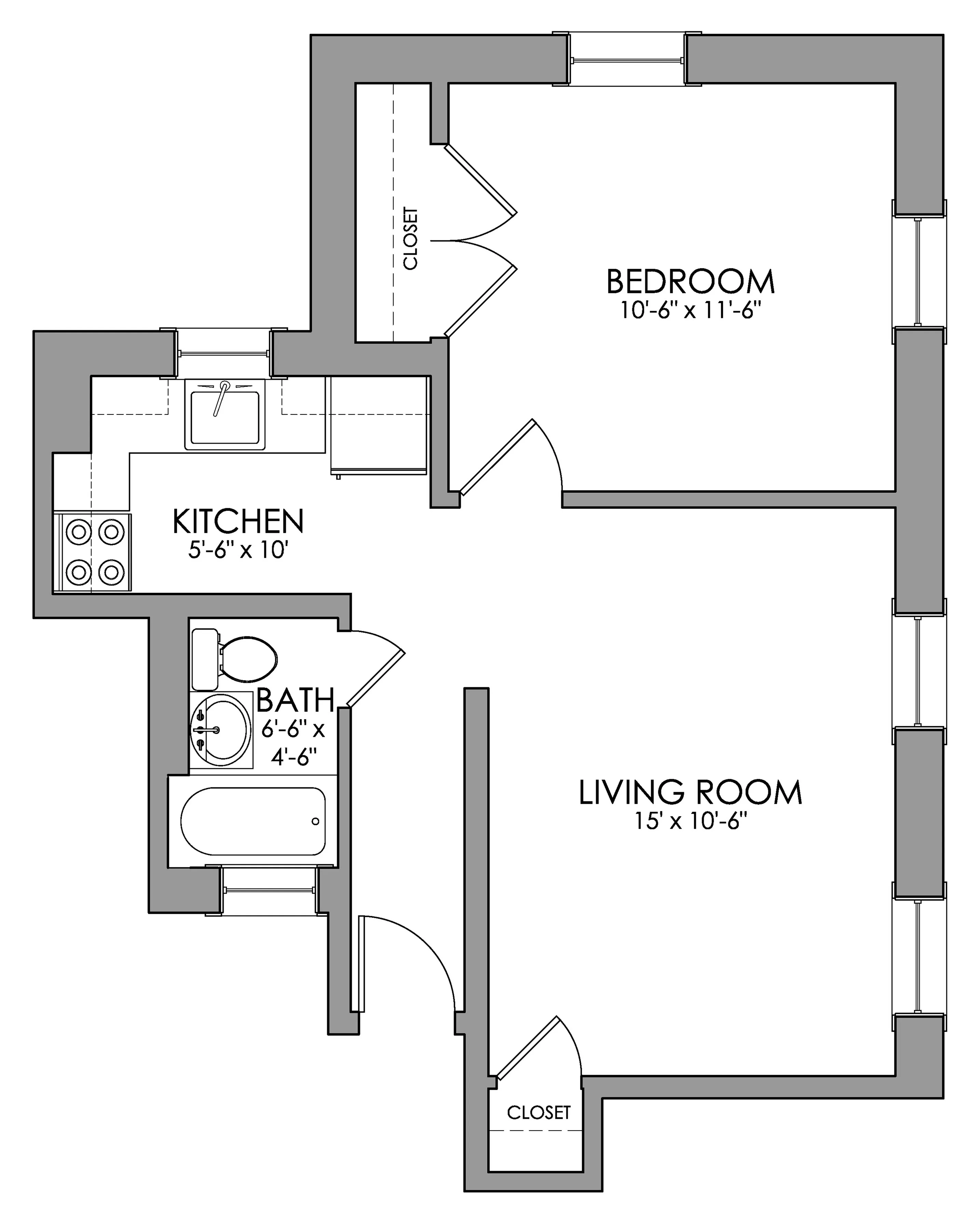 Elegant floor plan featuring a spacious bedroom, cozy kitchen, modern living room, and a well-designed bathroom.