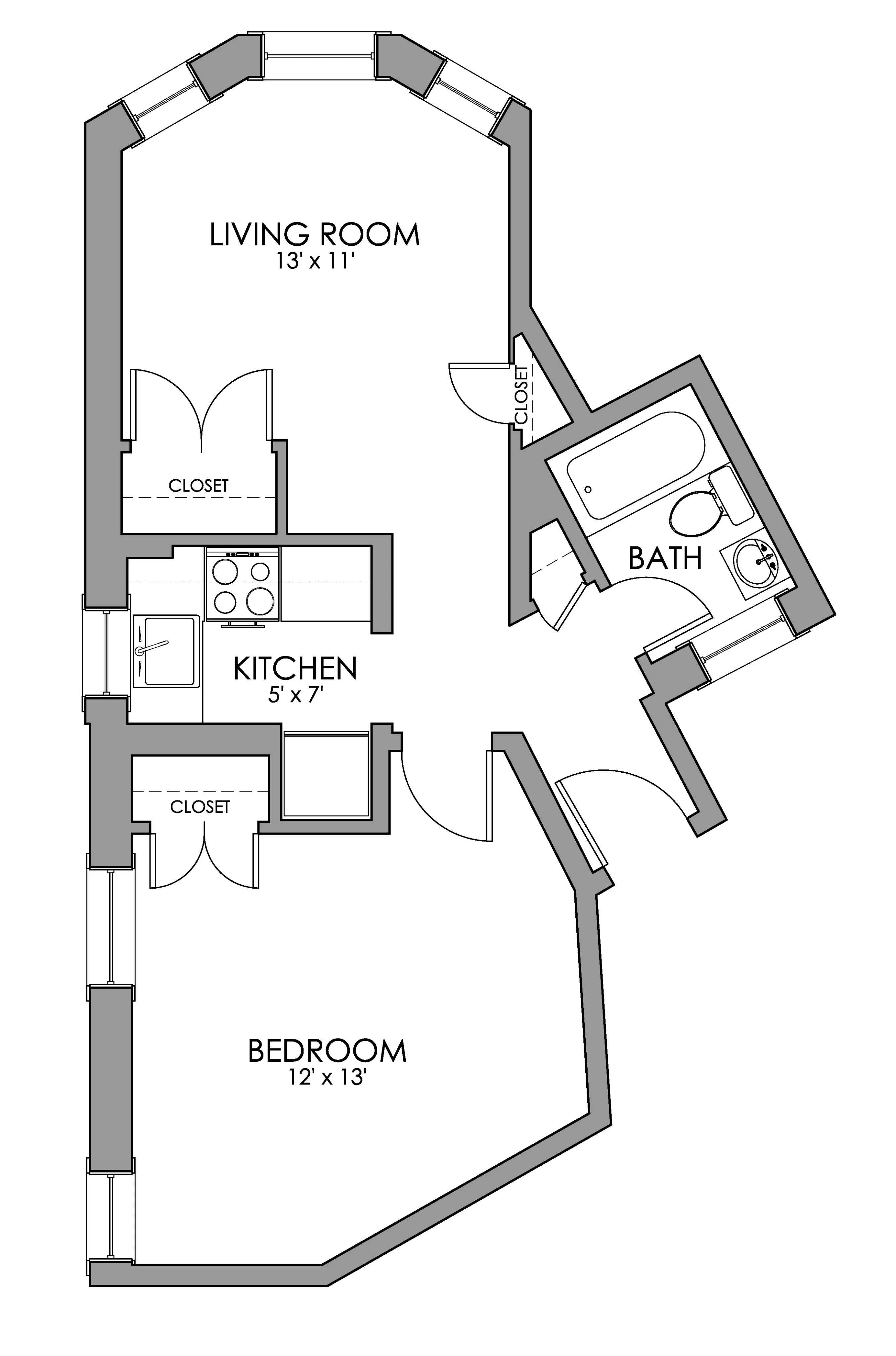 Chic floor plan outlining a spacious 1-bedroom apartment with cozy living room, modern kitchen, and elegant bath.