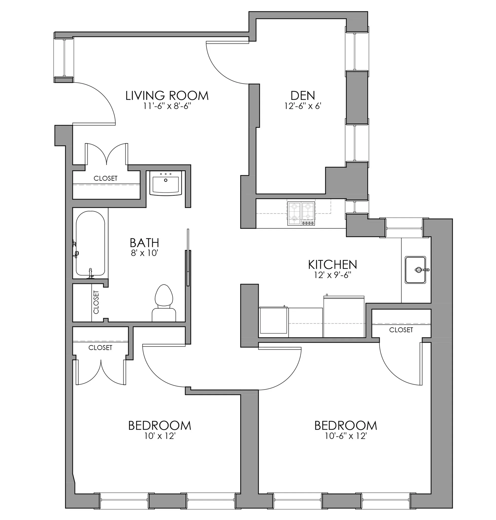 Modern floor plan showcasing 2 bedrooms, a den, spacious kitchen, and cozy living room with ample natural light.