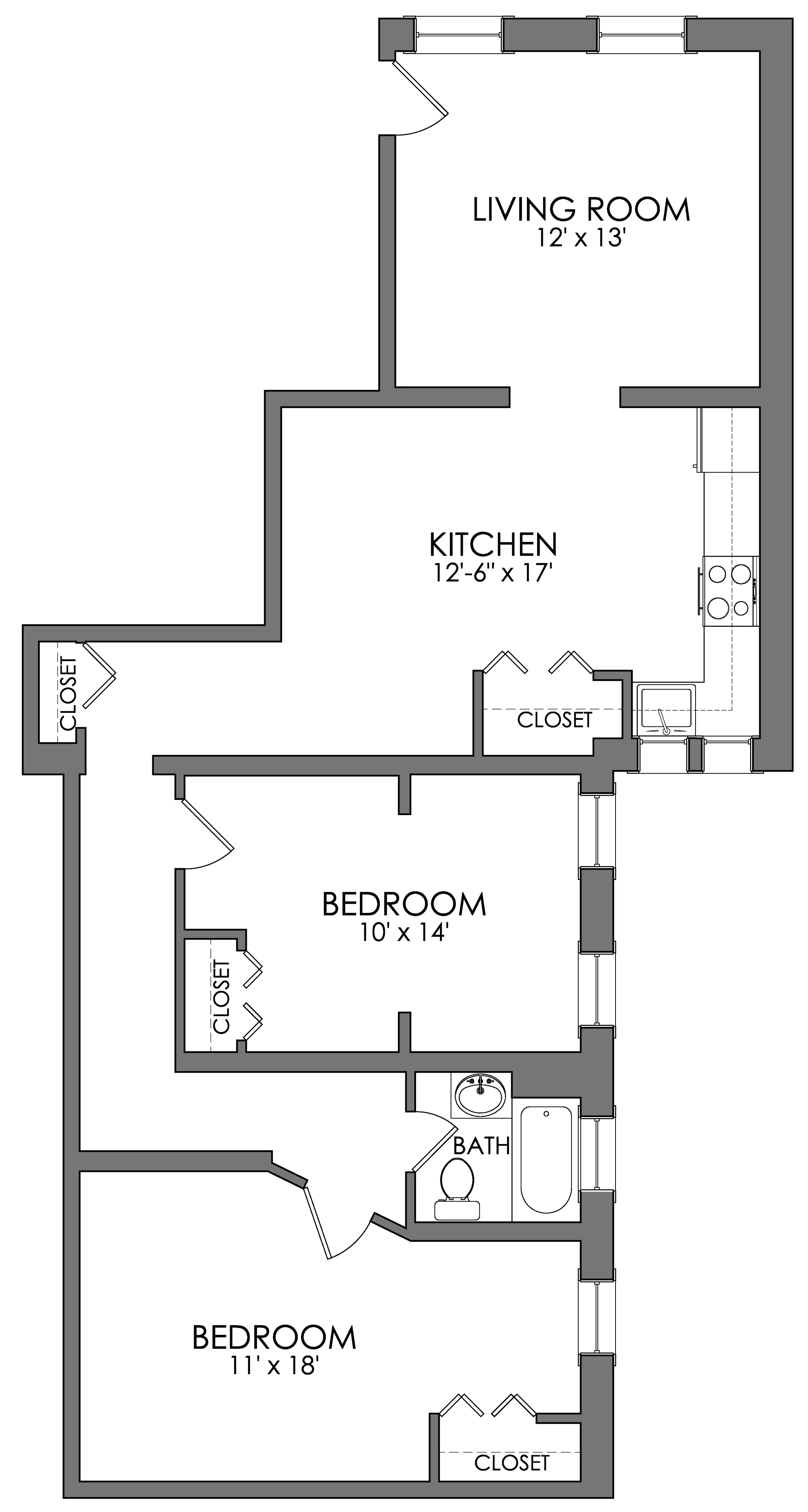 Contemporary floor plan showcasing a spacious living room, two cozy bedrooms, a modern kitchen, and a sleek bathroom.
