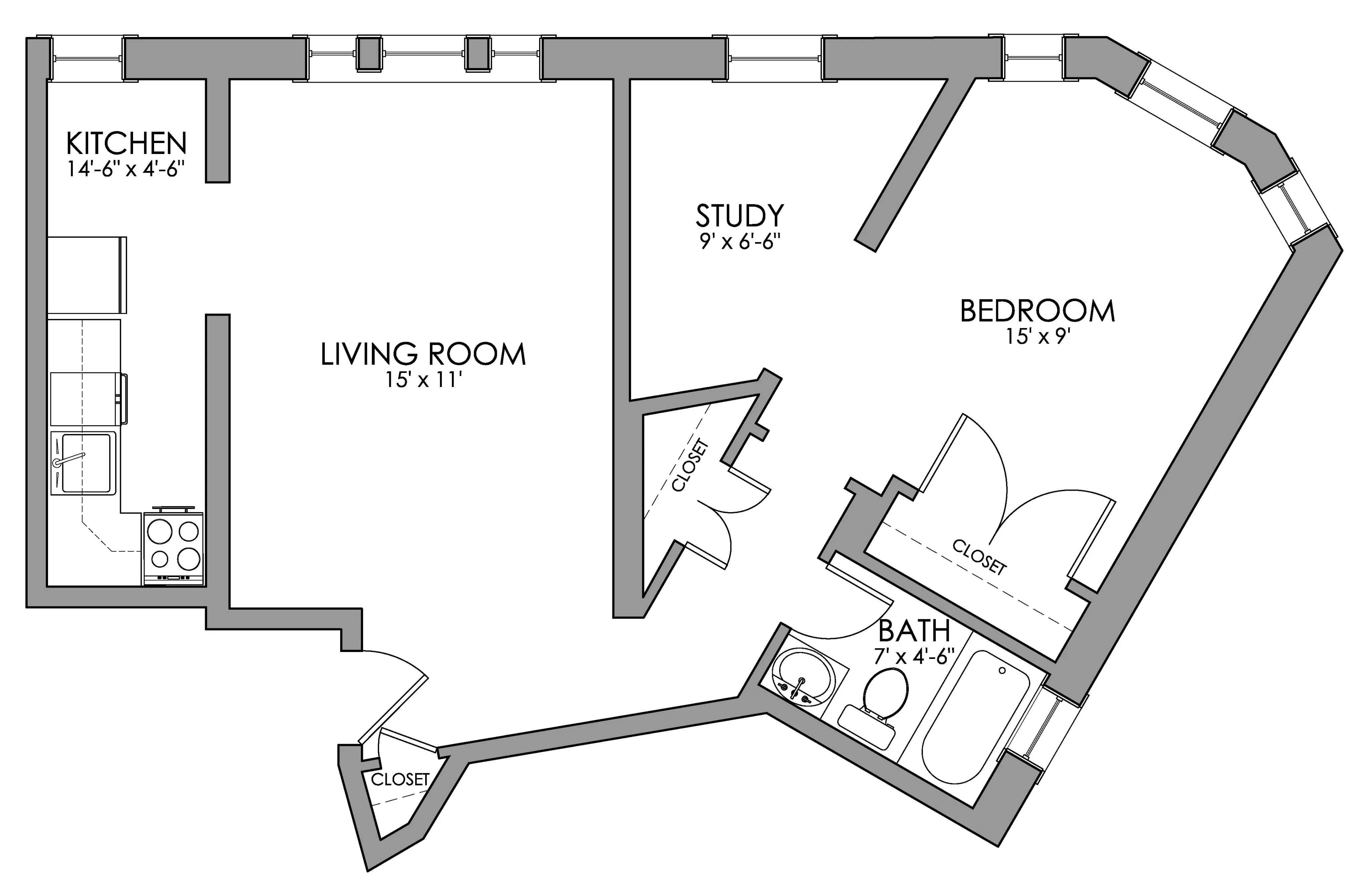 Spacious floor plan showcasing 1 bedroom, a study, a modern kitchen, and a cozy living room. Includes a functional bath and ample closet space.