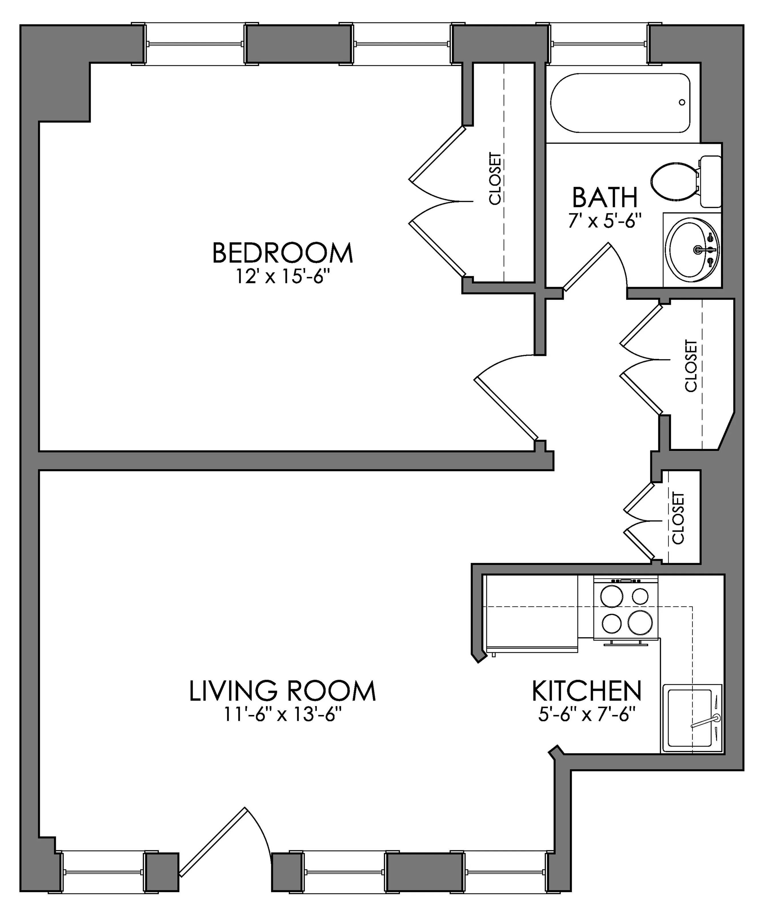 Charming floor plan with a spacious bedroom, cozy living room, practical kitchen, and well-appointed bathroom.