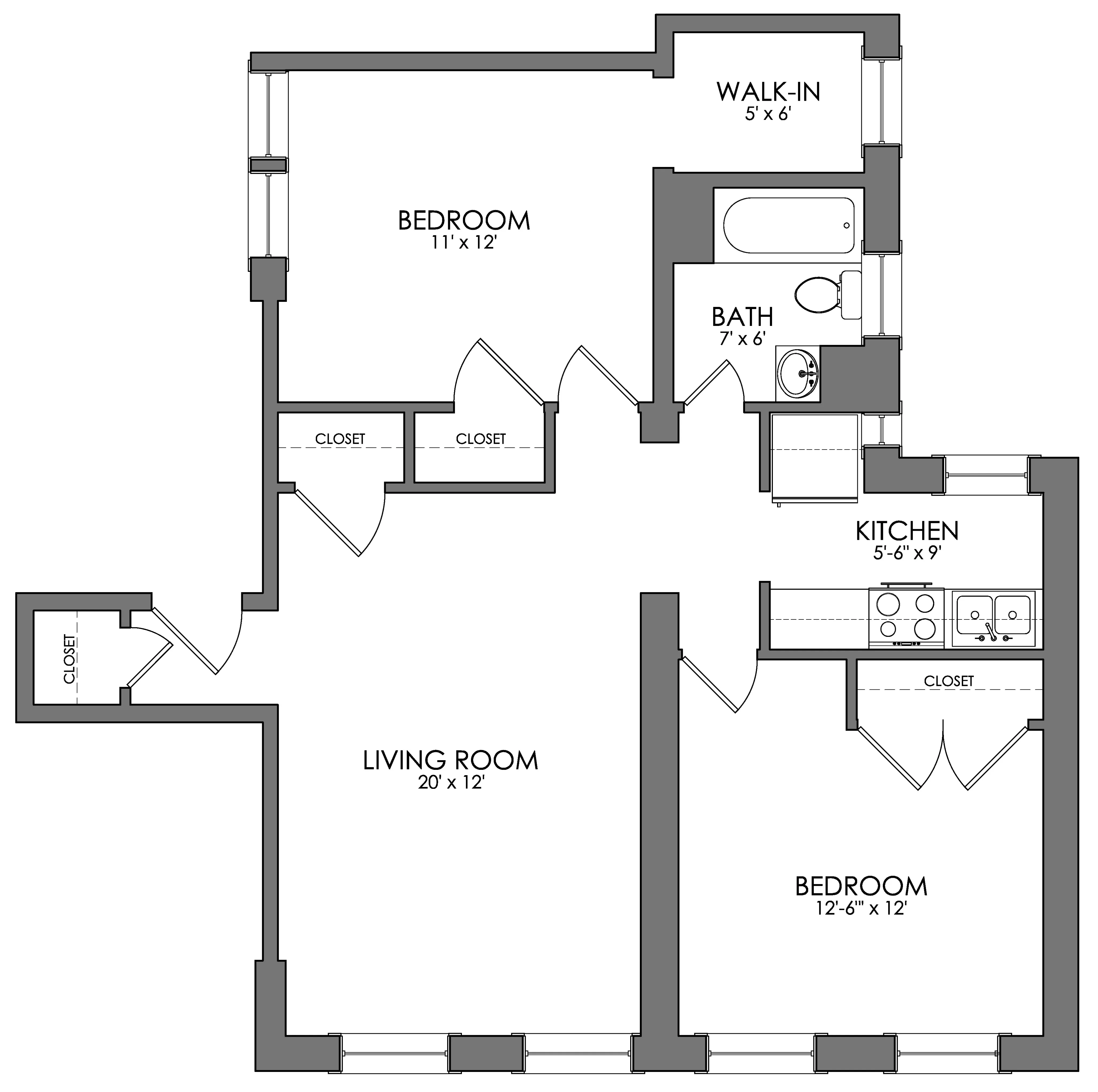 Contemporary 2D floor plan featuring two spacious bedrooms, a large living room, and a compact kitchen. Includes ample closet space and a walk-in area for convenience.
