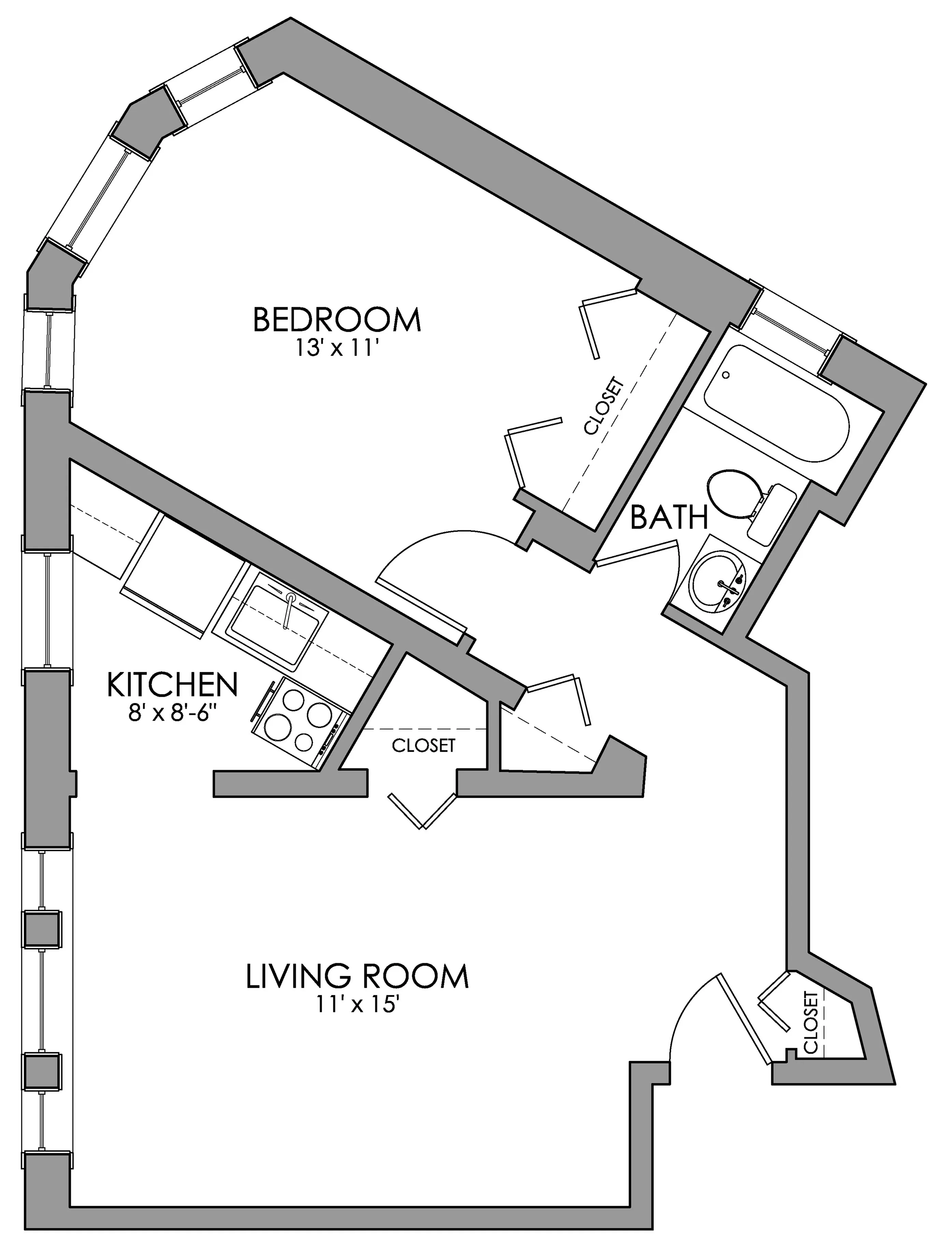Charming floor plan featuring a spacious bedroom, modern kitchen, cozy living room, and a well-appointed bath.