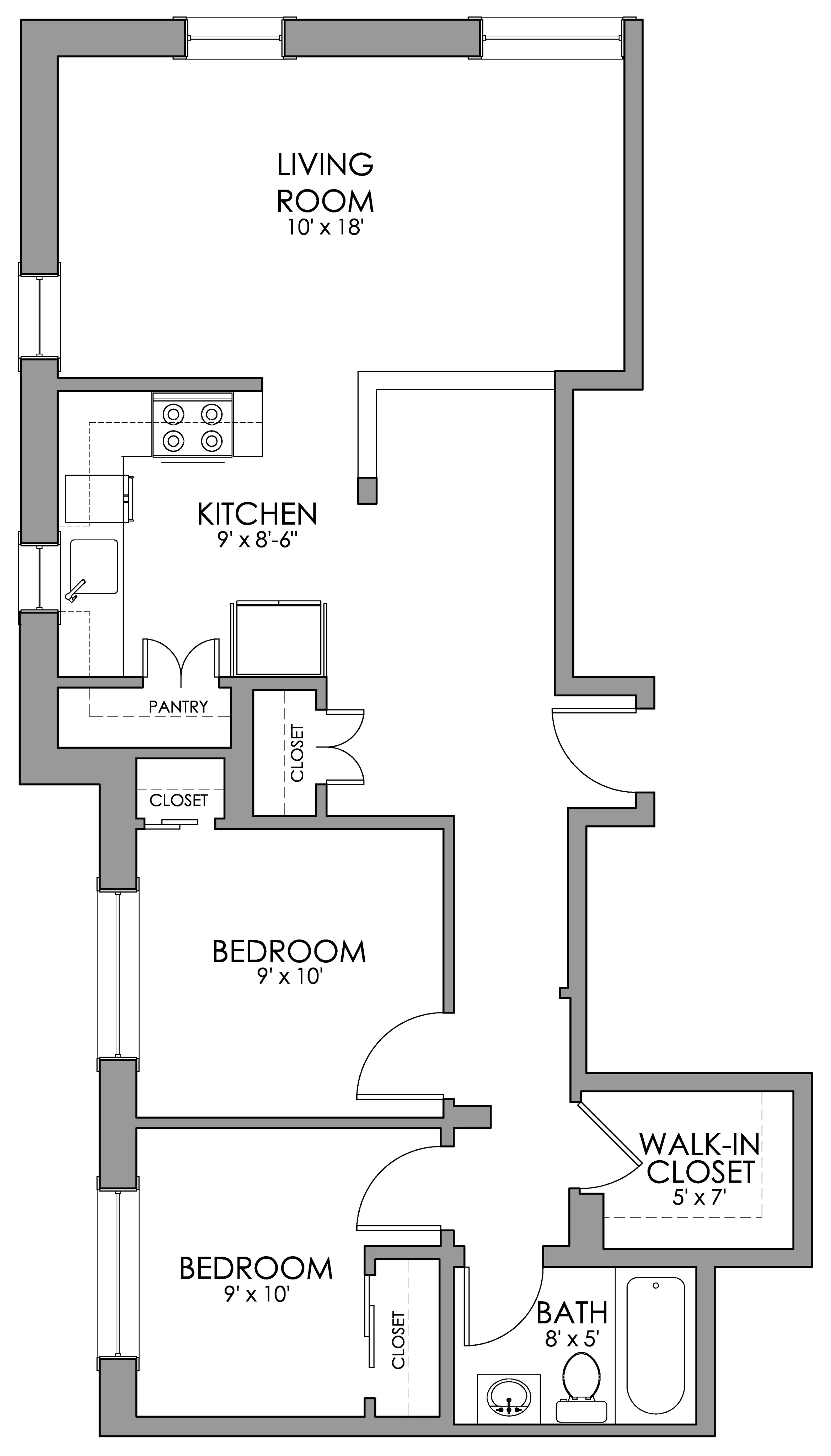 Modern apartment floor plan showcasing a spacious living room, efficient kitchen, two cozy bedrooms, full bath, and a walk-in closet.