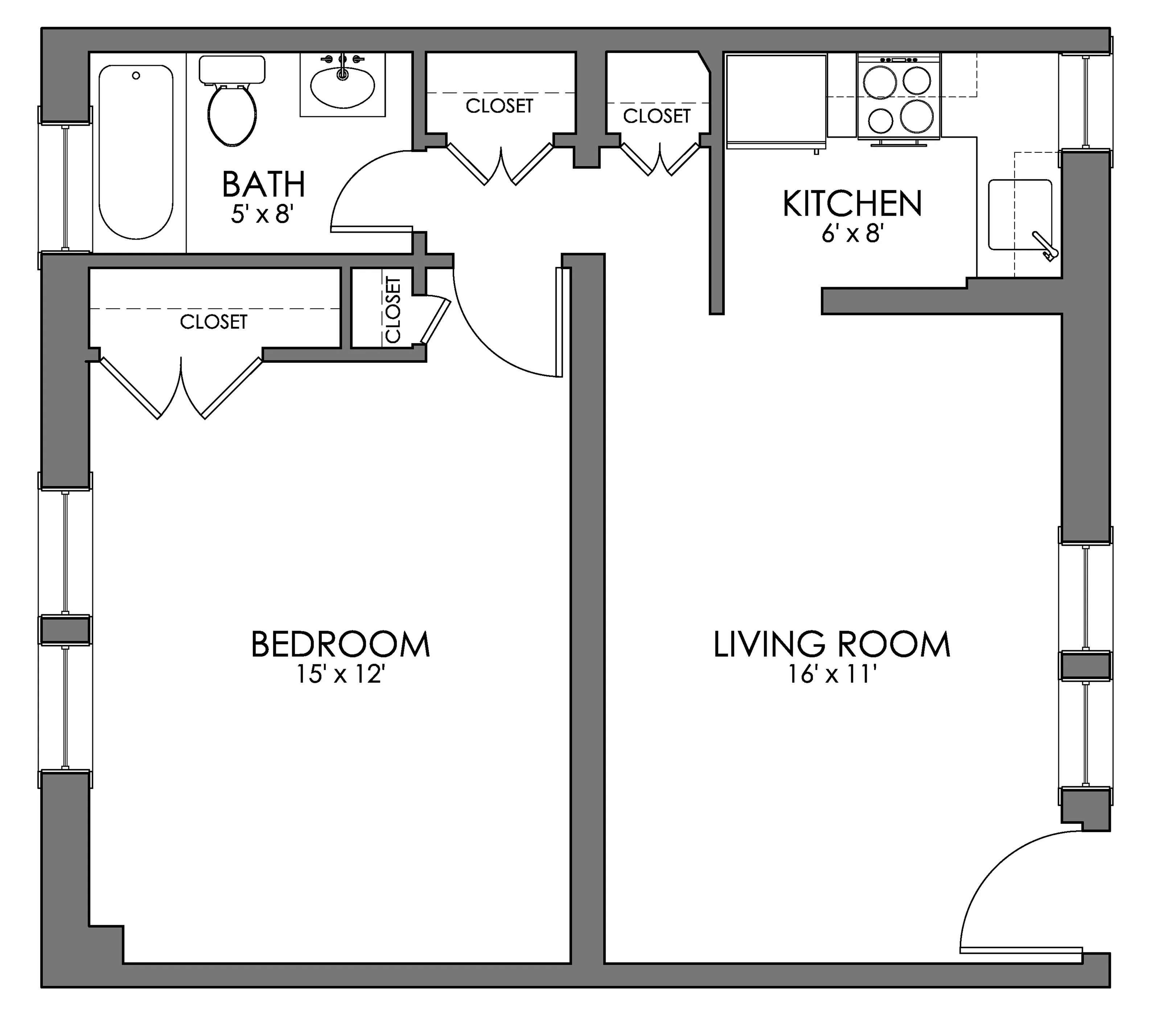 Modern floor plan featuring a spacious bedroom, cozy living room, functional kitchen, and well-designed bath with ample storage space.