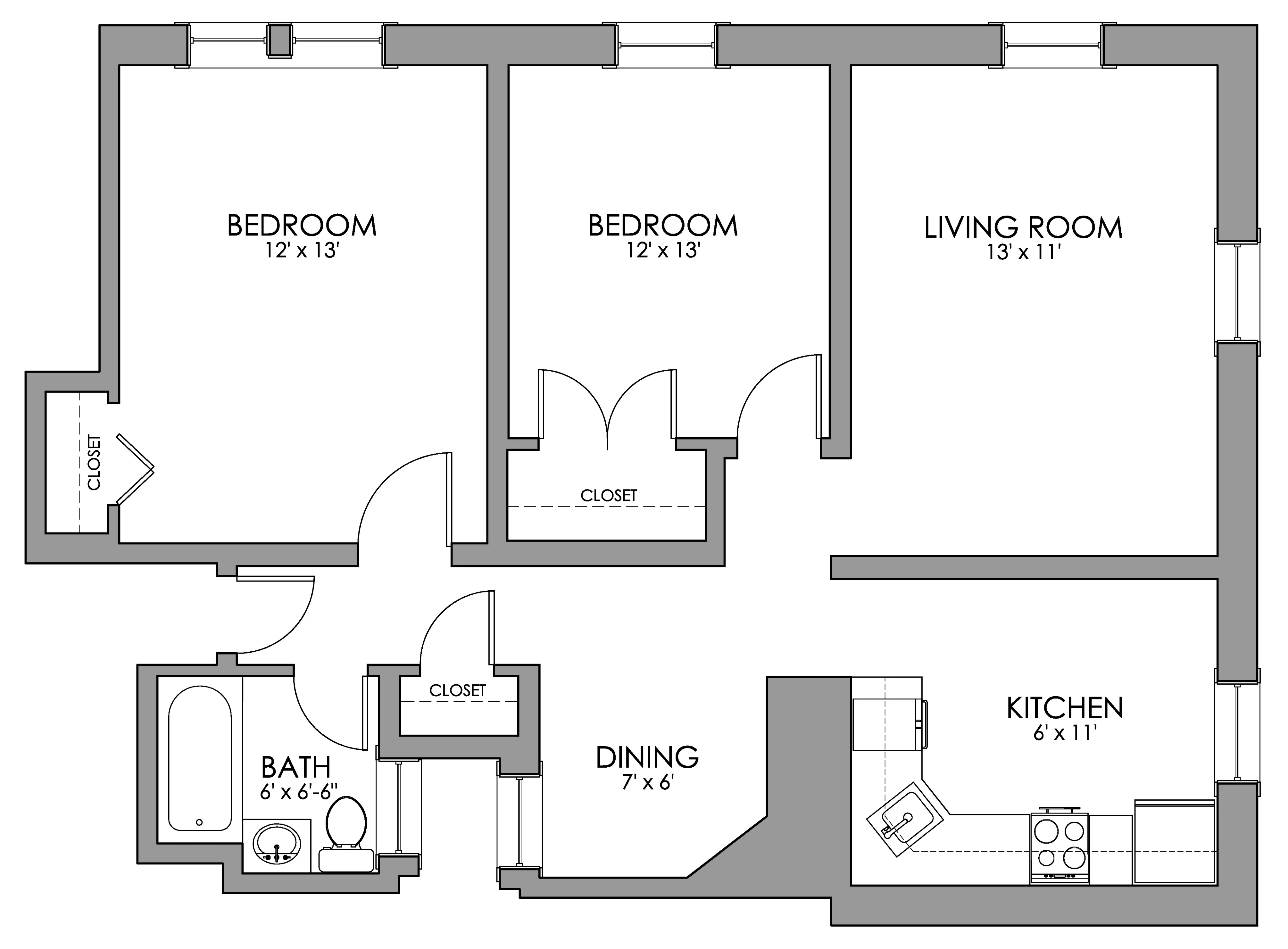 Charming floor plan featuring two spacious bedrooms, a cozy living room, modern kitchen, dining area, and a well-appointed bathroom.
