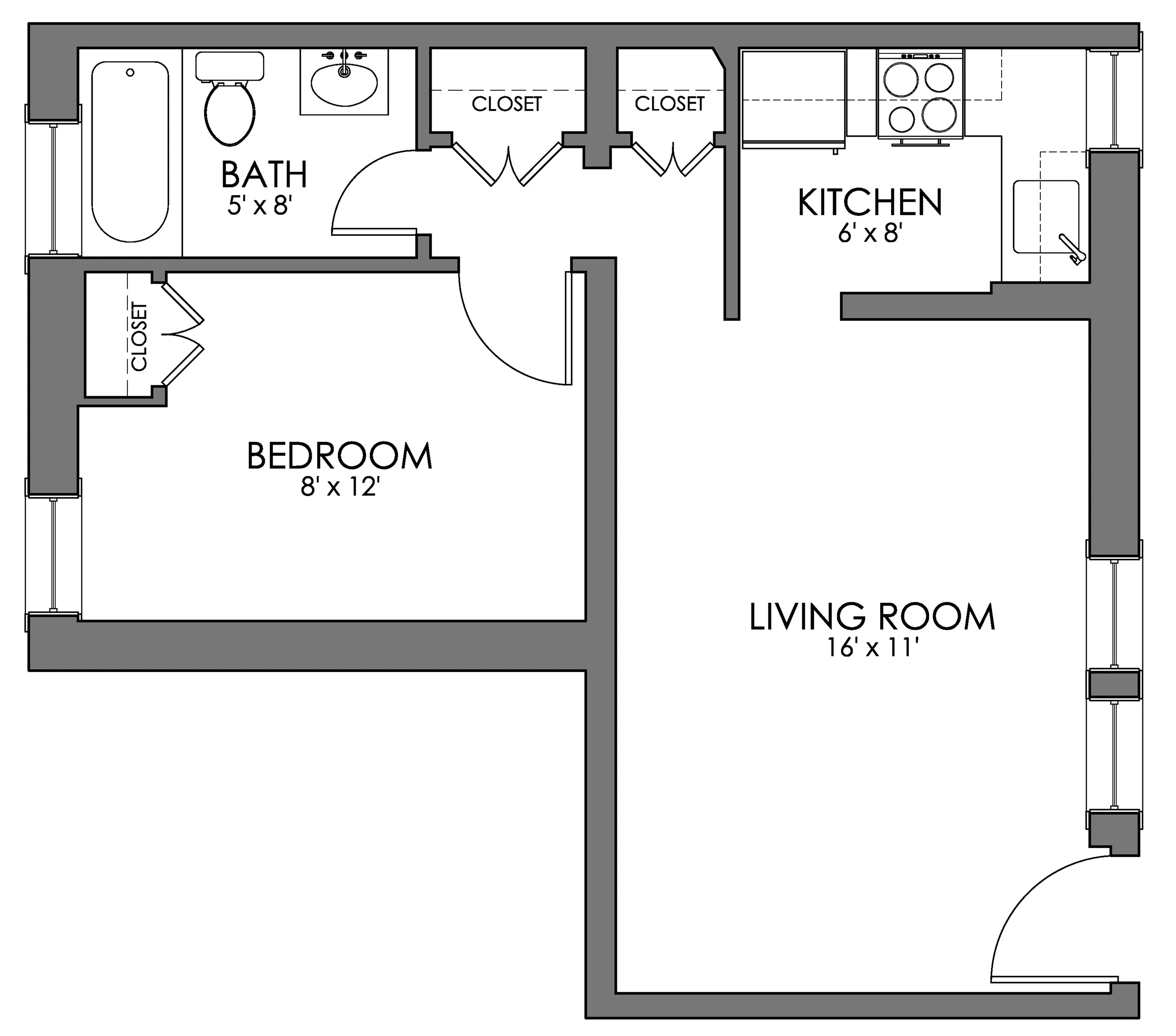 Modern 1-bedroom floor plan with spacious living room, efficient kitchen design, and cozy bathroom retreat.