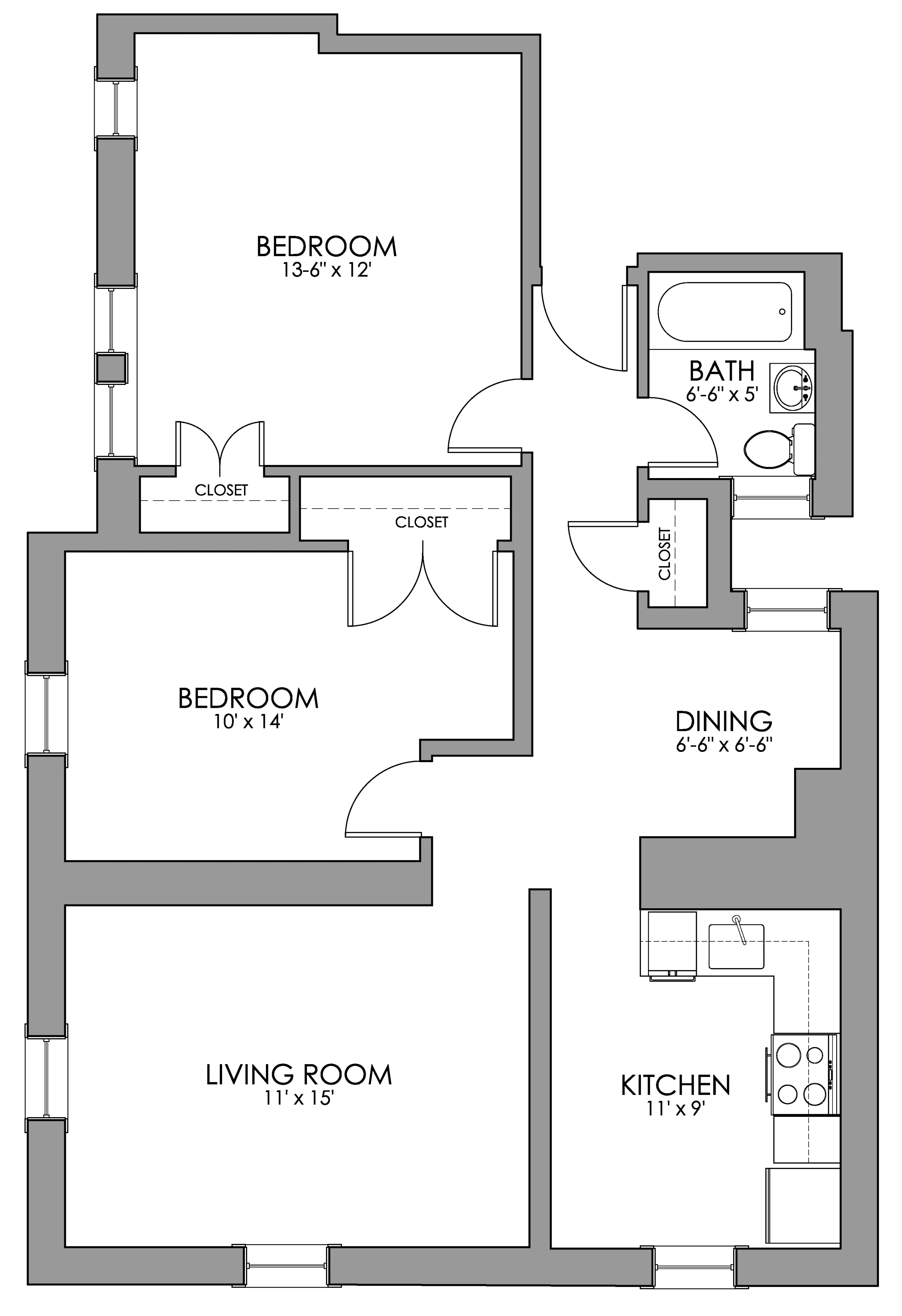 Modern 2D floor plan showcasing 2 spacious bedrooms, elegant living room, cozy kitchen, and compact dining area.