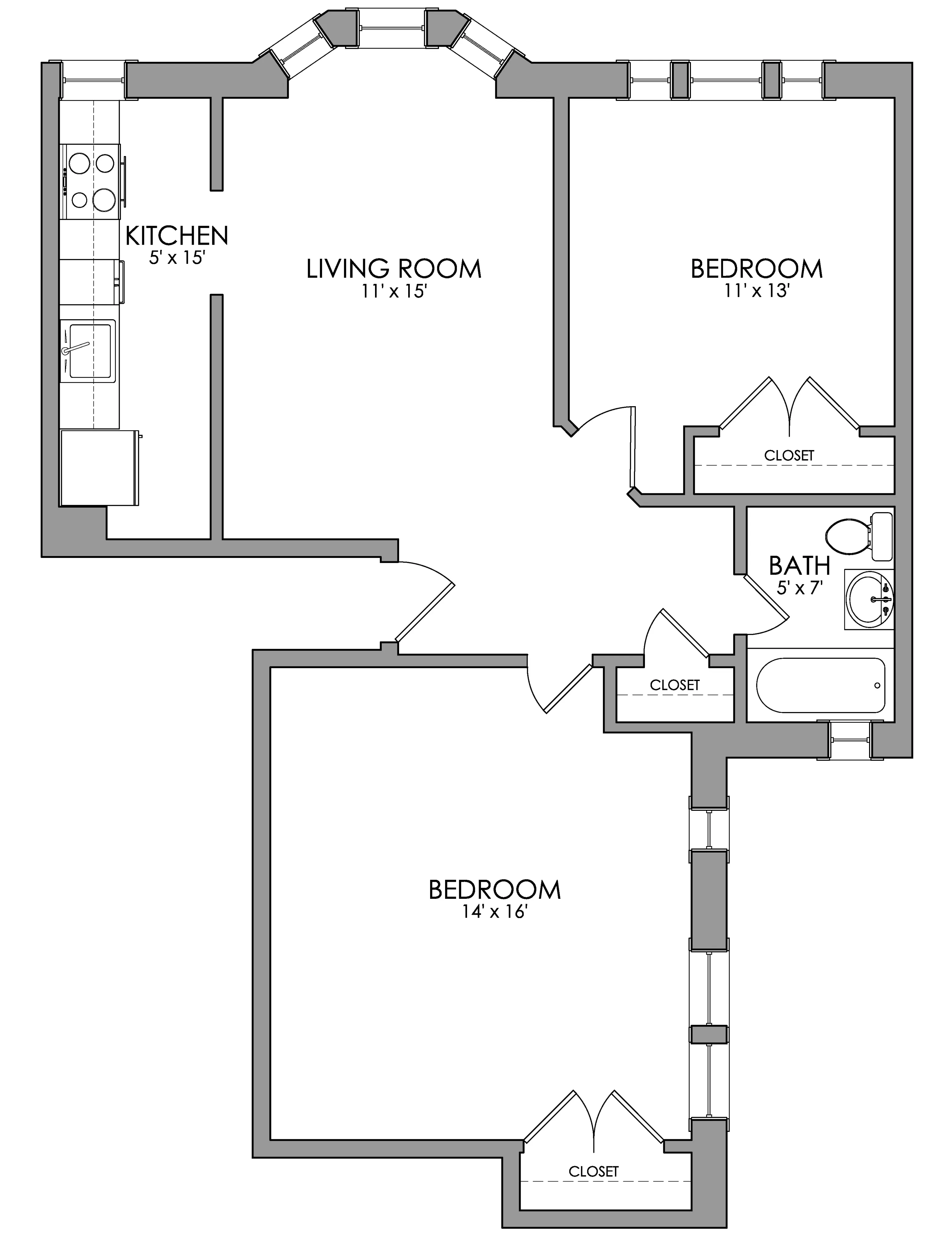 Inviting floor plan featuring two spacious bedrooms, a bright living room, a functional kitchen, and a modern bathroom.