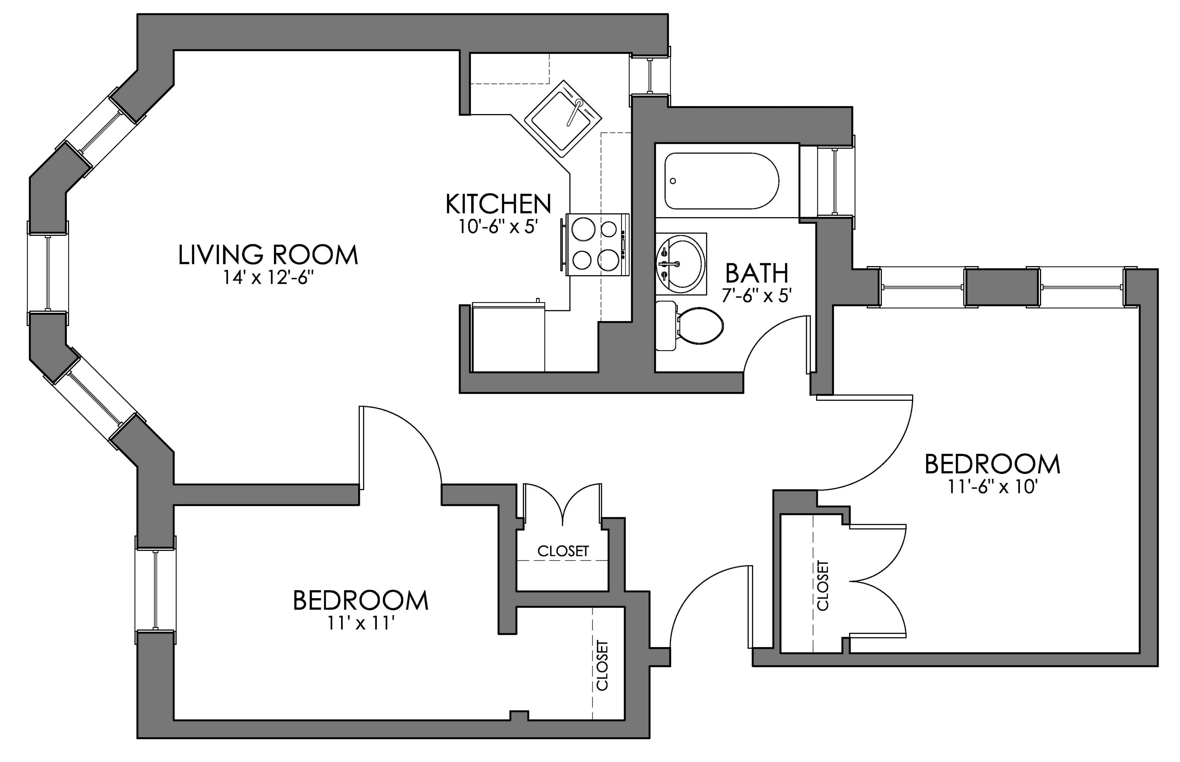 Charming floor plan featuring two cozy bedrooms, a bright living room, compact kitchen, and a modern bath.