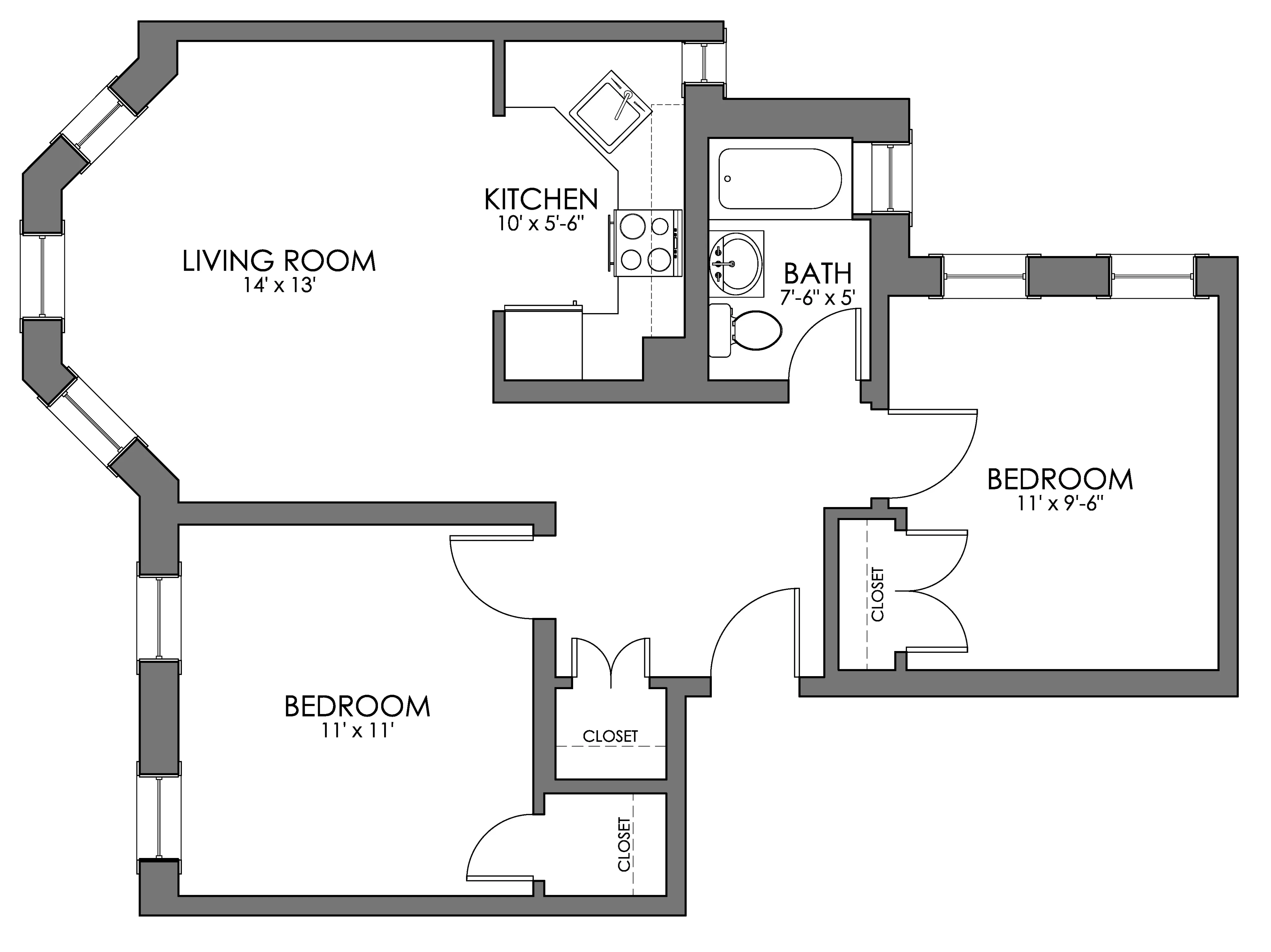 Charming floor plan featuring two spacious bedrooms, a bright living room, a functional kitchen, and a modern bath.