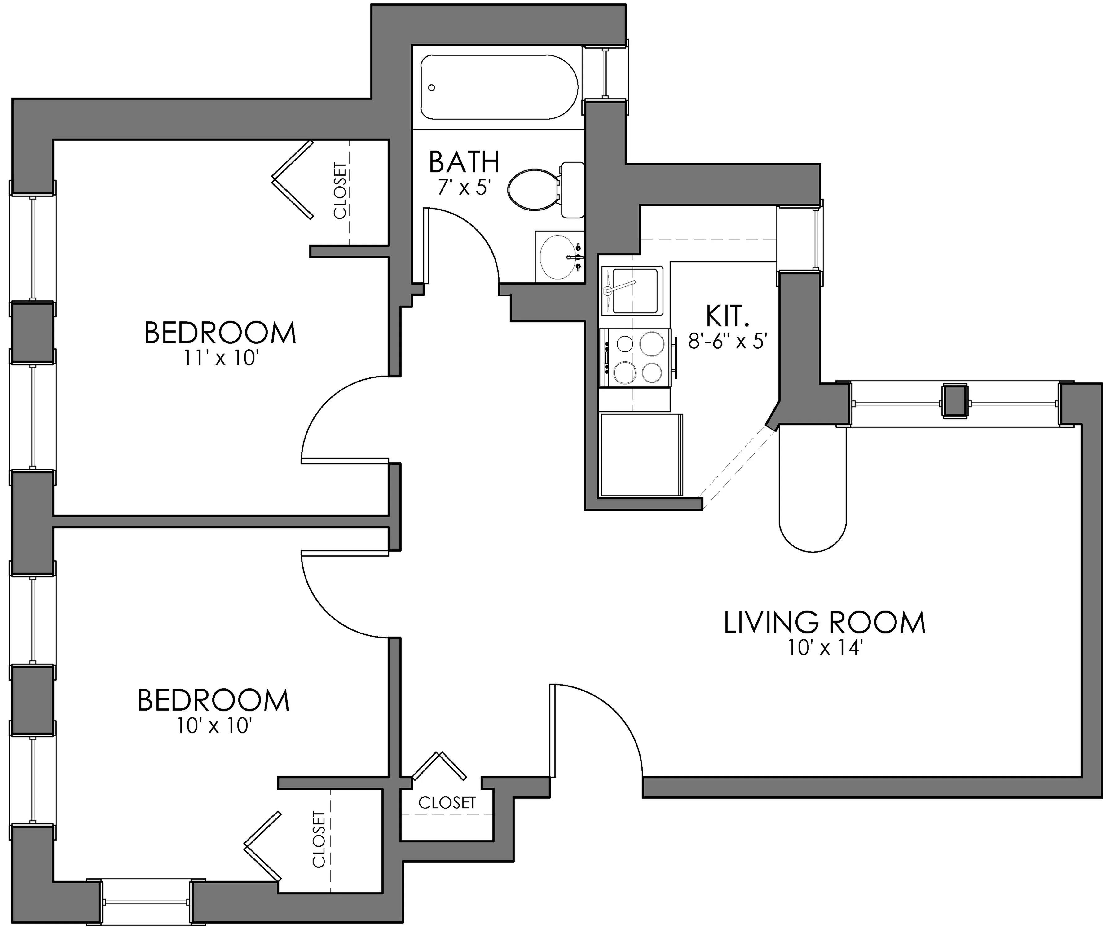 Charming floor plan featuring two cozy bedrooms, a compact kitchen, and a spacious living room.