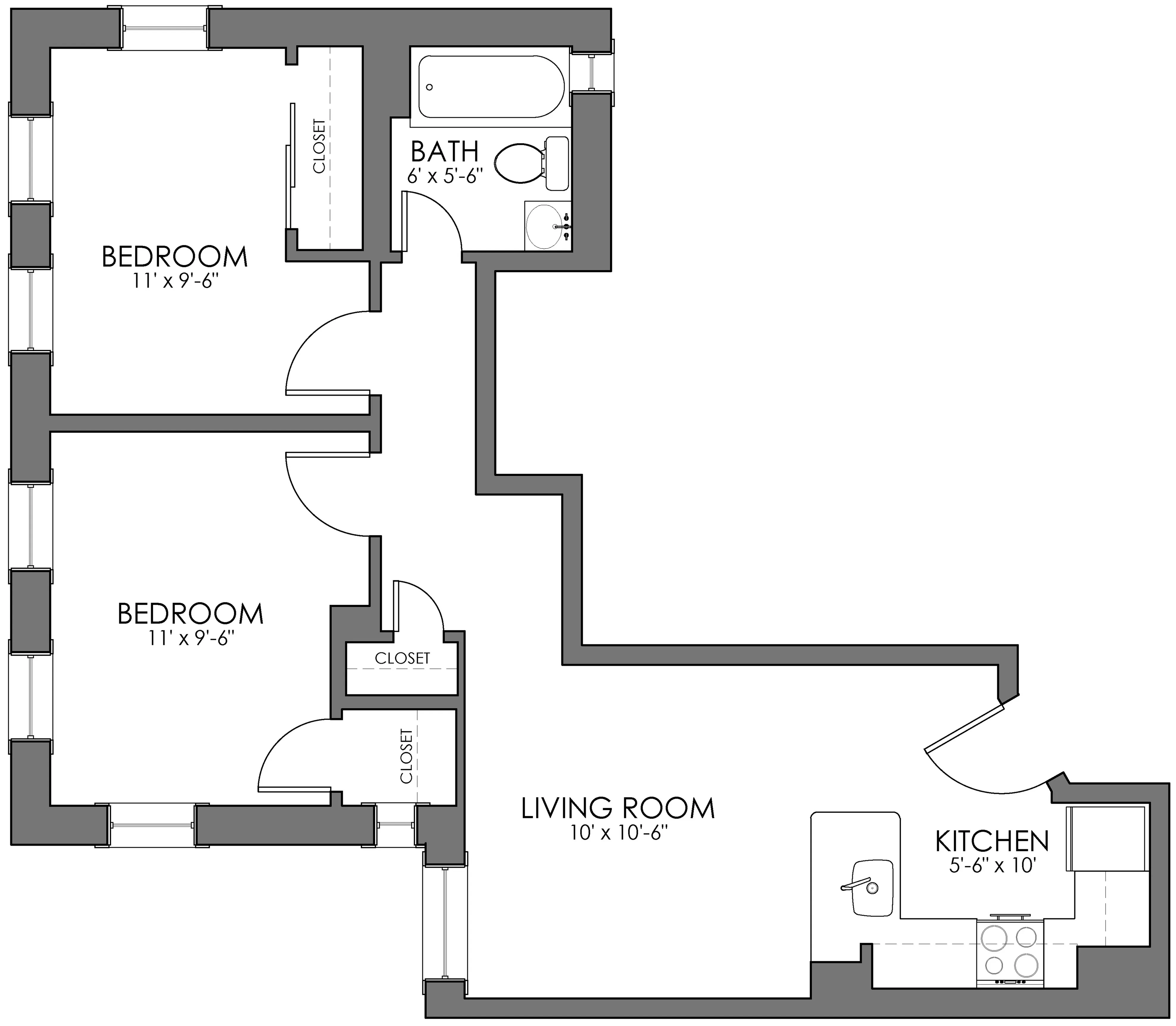 Inviting 2D floor plan showcasing two spacious bedrooms, a cozy living room, modern kitchen, and functional bath.