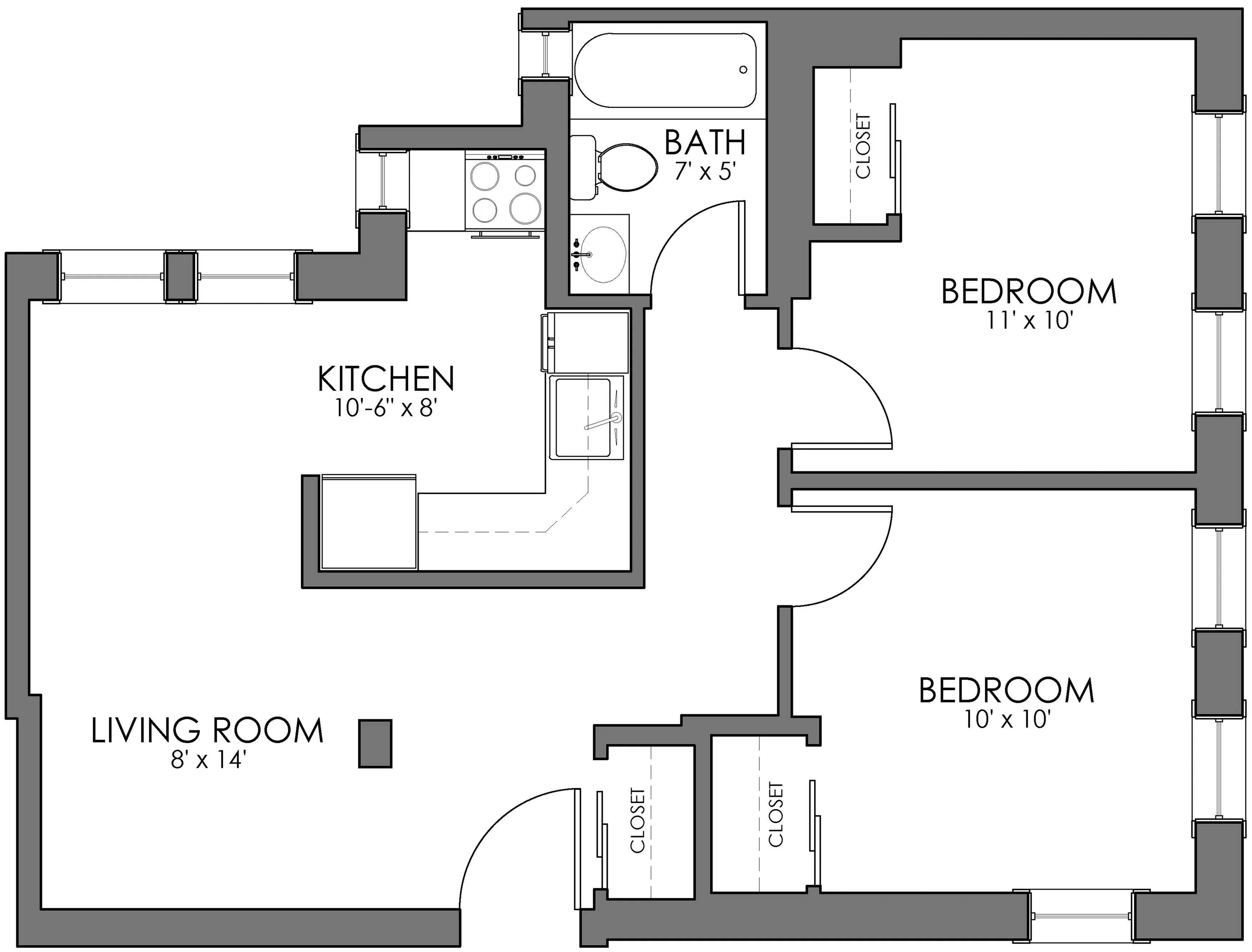 Inviting floor plan showcasing two cozy bedrooms, a bright kitchen, modern bath, and a spacious living room.