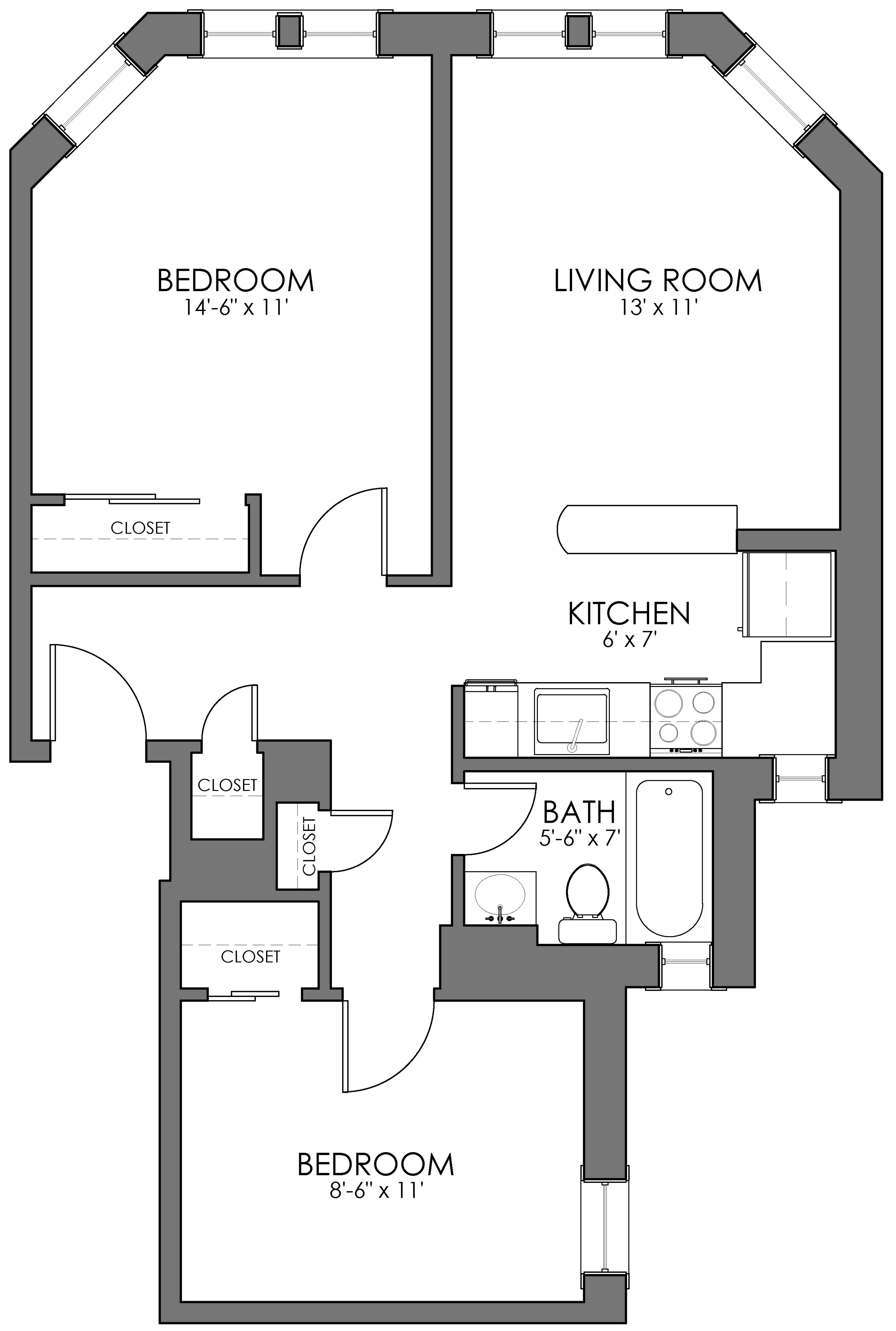 Cozy apartment floor plan showcasing 2 bedrooms, a welcoming living room, compact kitchen, and a well-sized bath with storage closets.