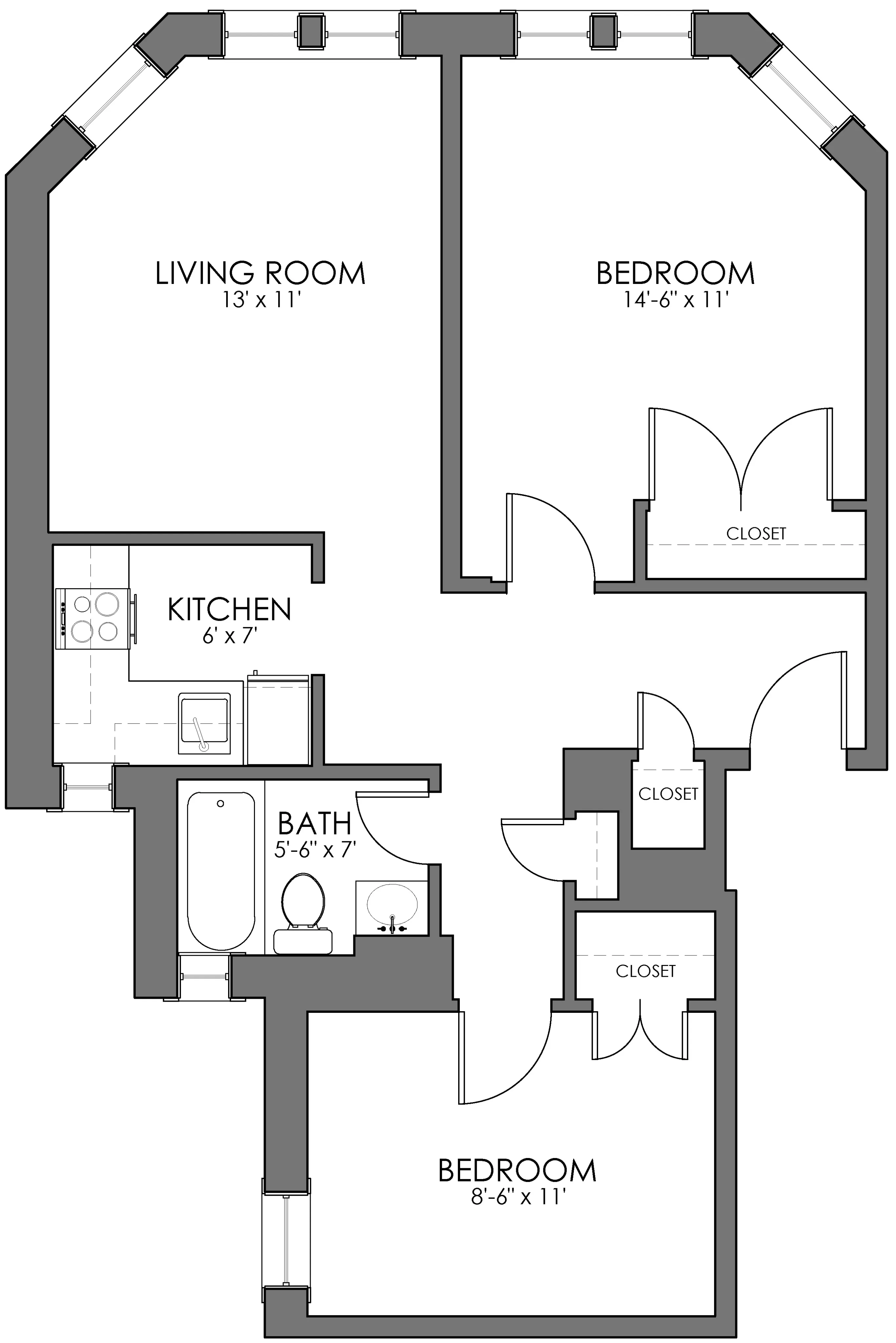 Charming floor plan featuring a spacious living room, two cozy bedrooms with closets, a functional kitchen, and a modern bathroom.