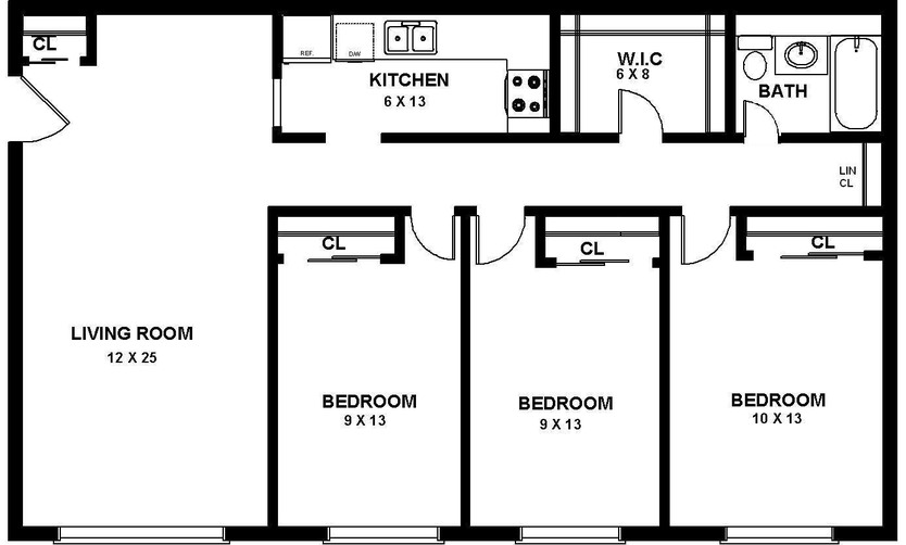 Spacious floor plan showcasing a 3-bedroom layout with a large living room, a modern kitchen, walk-in closet, and stylish bathroom.