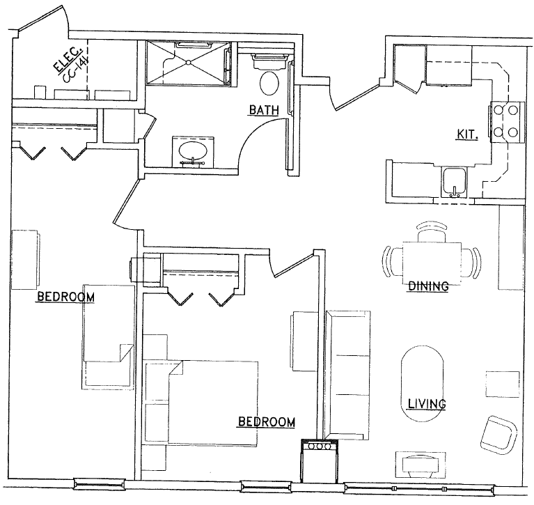 Contemporary floor plan featuring 2 bedrooms, a modern kitchen, open dining and living area, and a well-appointed bath.