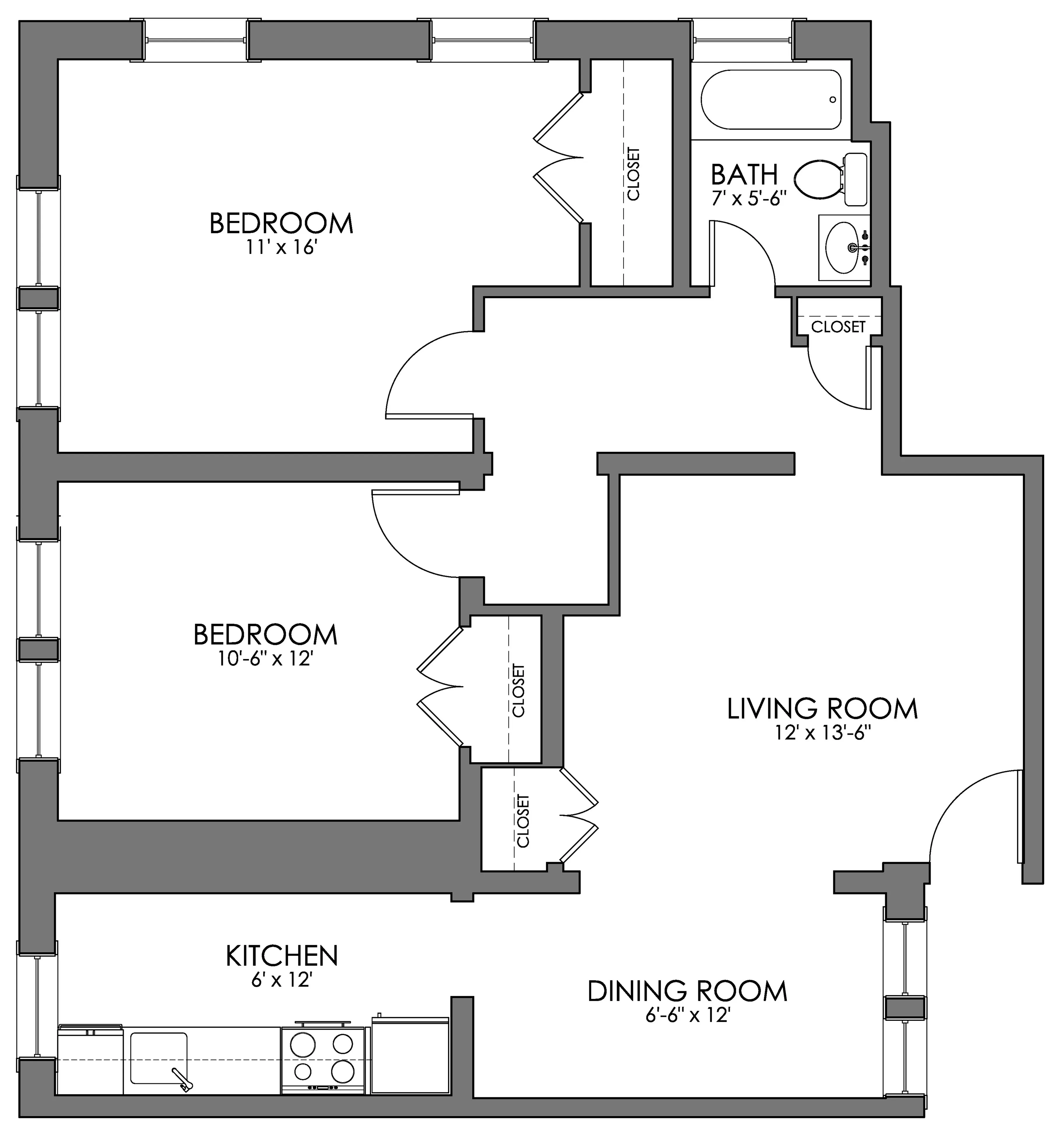 Charming floor plan with two spacious bedrooms, a cozy living room, functional kitchen, and a dedicated dining area.