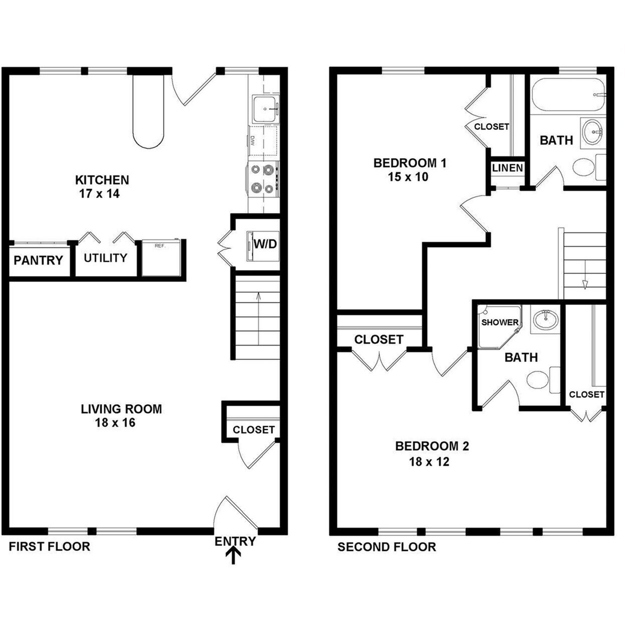 Modern two-story floor plan with spacious kitchen, utility area, and large living room on the first floor; features two bedrooms with ample closet space and two bathrooms on the second floor.