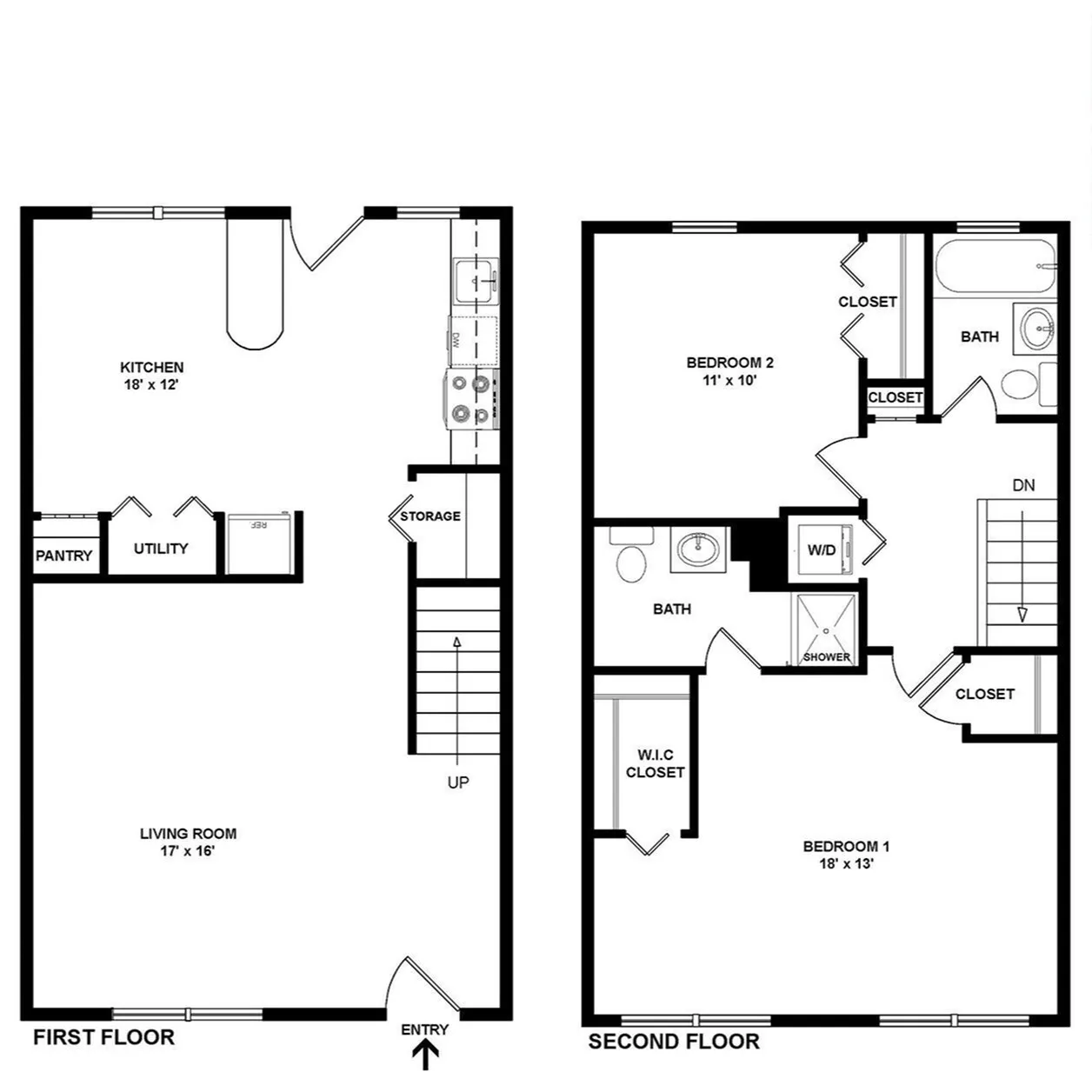 Elegant two-story floor plan showcasing a modern kitchen, expansive living room, and two spacious bedrooms with en-suite baths, ideal for comfortable living.