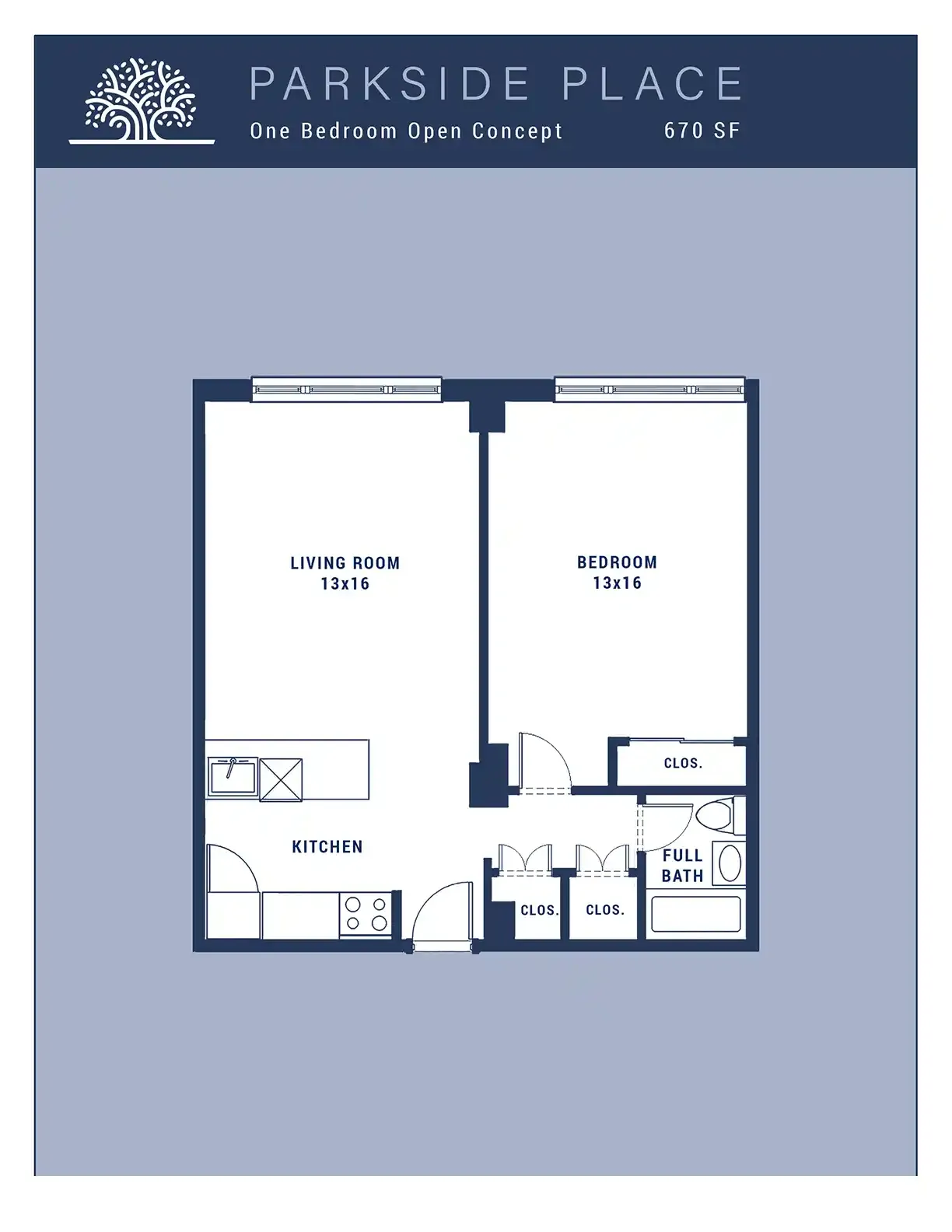 Modern 1-bedroom floor plan featuring a spacious living room, full bath, and a well-designed kitchen.
