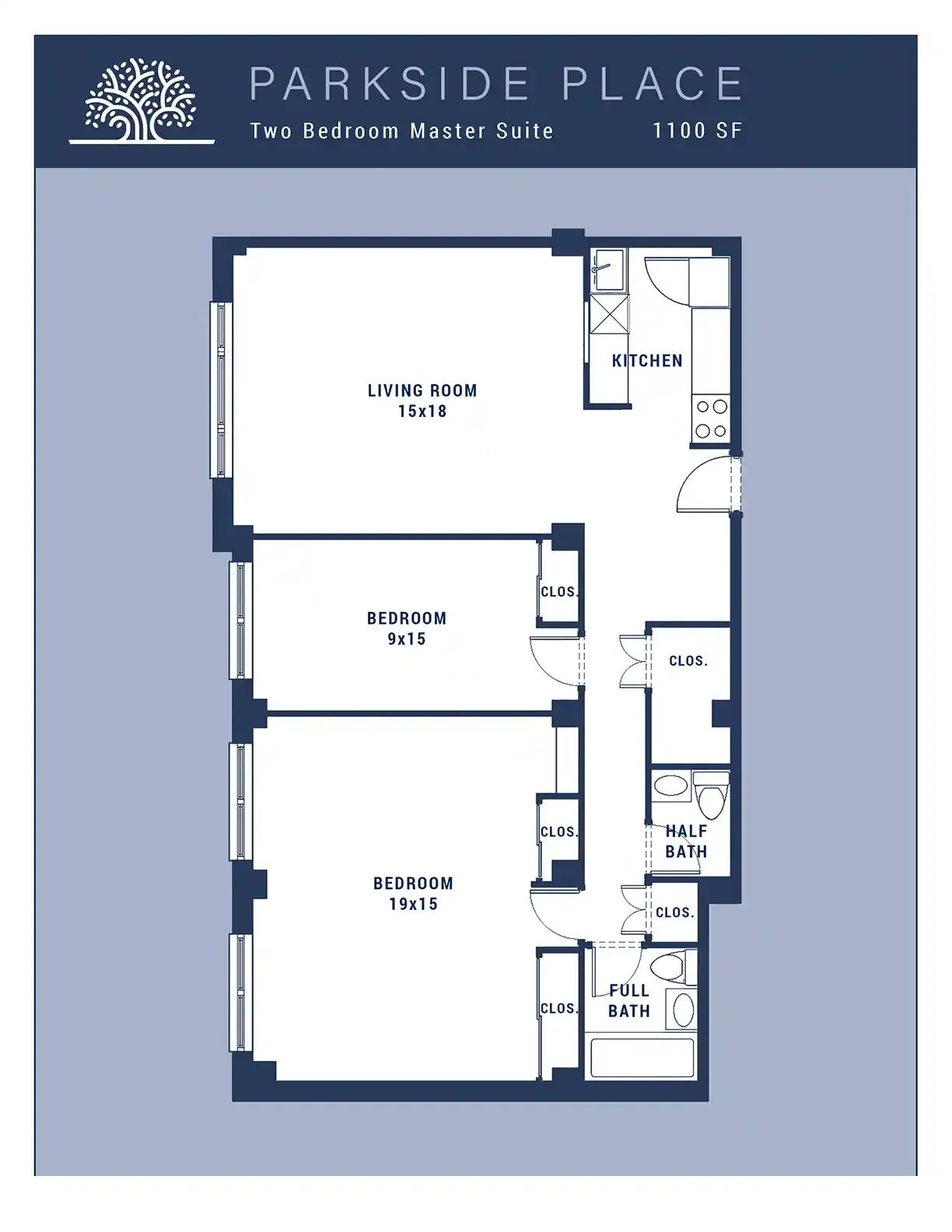 Elegant apartment floor plan featuring 2 spacious bedrooms, a large living room, modern kitchen, walk-in closet, full bath, and half bath.