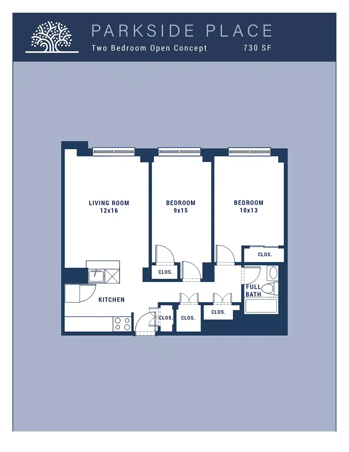 Modern apartment floor plan showcasing a spacious living room, two cozy bedrooms with closets, and a functional kitchen, centrally connected for convenience.