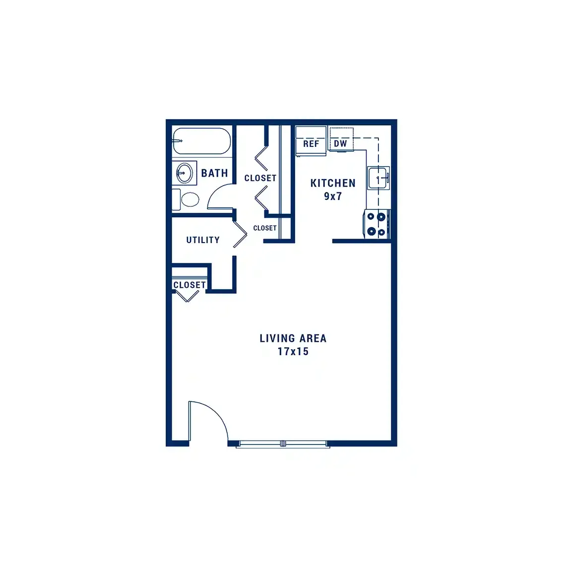 Modern floor plan layout featuring a spacious living area, efficient kitchen, full bath, utility room, and two convenient closets.