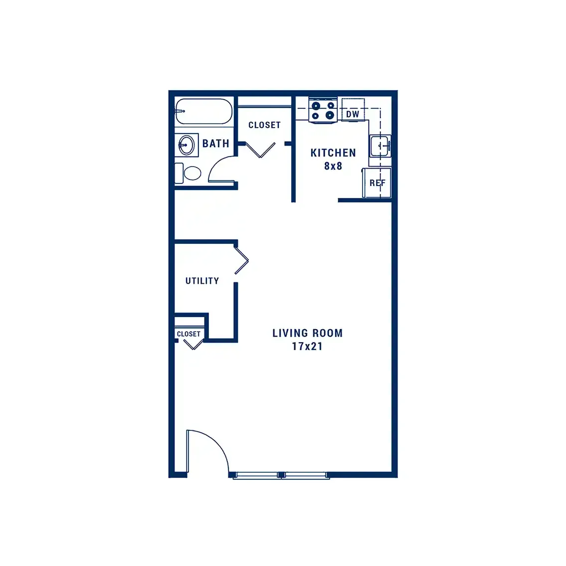 Efficient floor plan with a spacious 17x21 living room, compact 8x8 kitchen, utility space, and a convenient bath with ample closet storage.