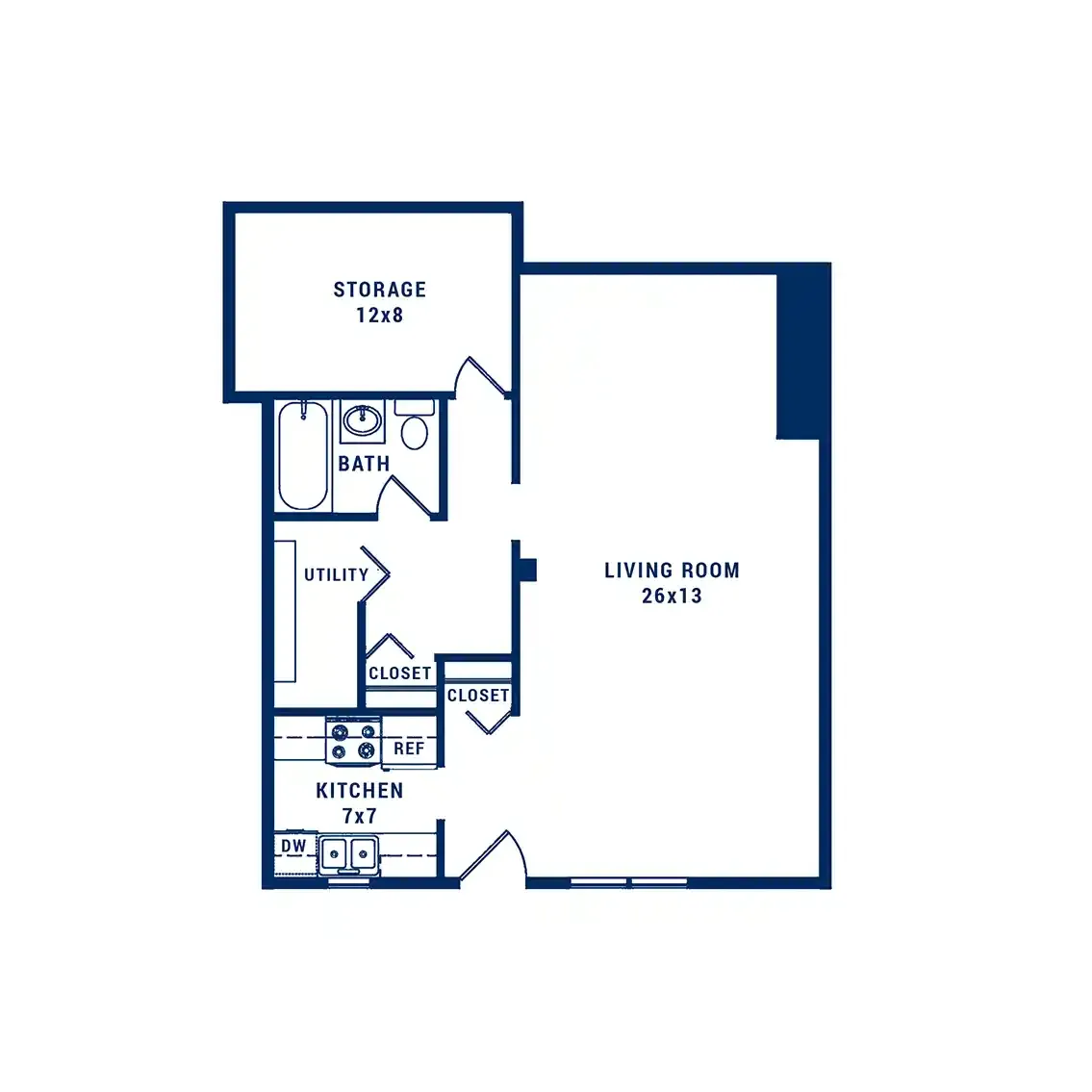 Efficient floor plan featuring a spacious living room, cozy kitchen, ample storage room, and utility space. Perfect for comfortable living.