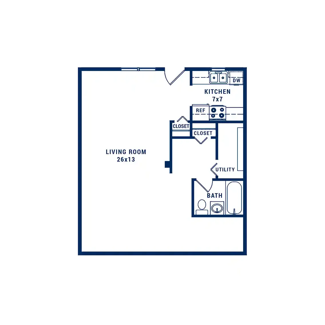 Modern floor plan featuring an expansive living room, a functional kitchen, ample closet space, and a well-appointed bath and utility area.