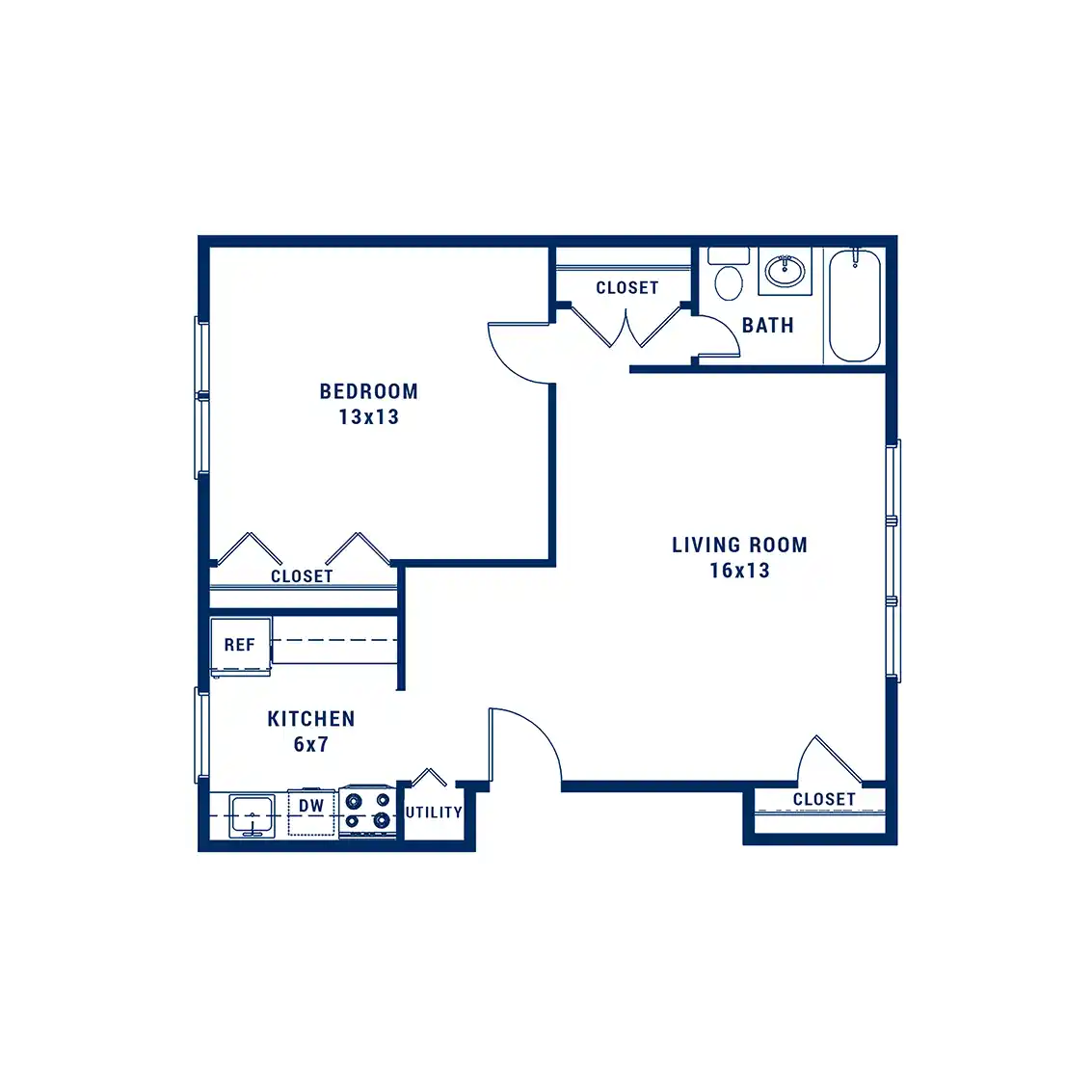 Charming 1-bedroom floor plan featuring a spacious living room, modern kitchen, and ample storage closets for comfortable living.