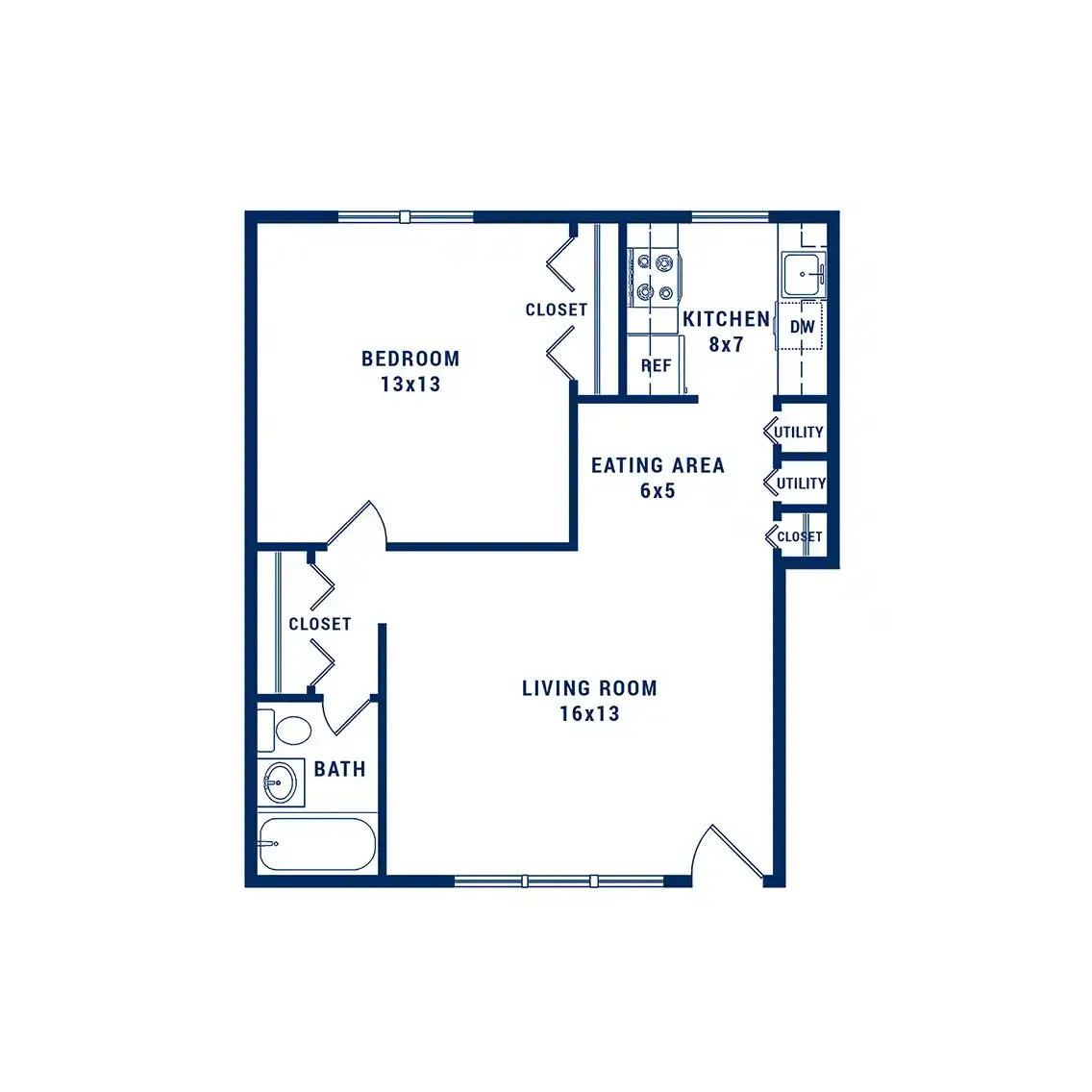 Modern floor plan featuring a spacious 1-bedroom apartment with a large living room, functional kitchen, and dedicated eating area.