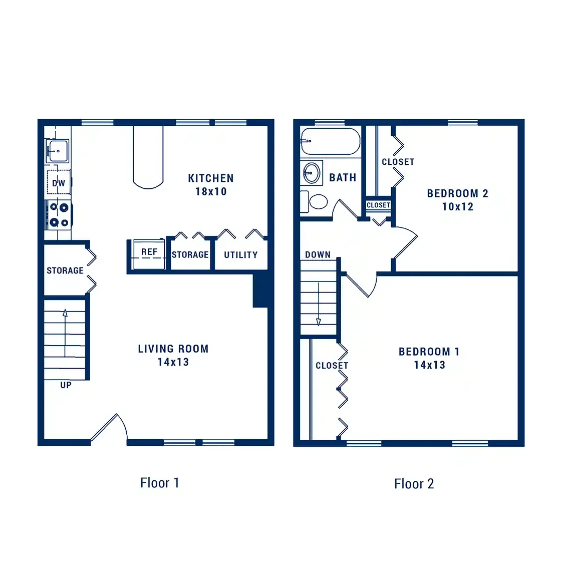 Modern two-story floor plan featuring a spacious kitchen, cozy living room, and two bedrooms with ample closet space.